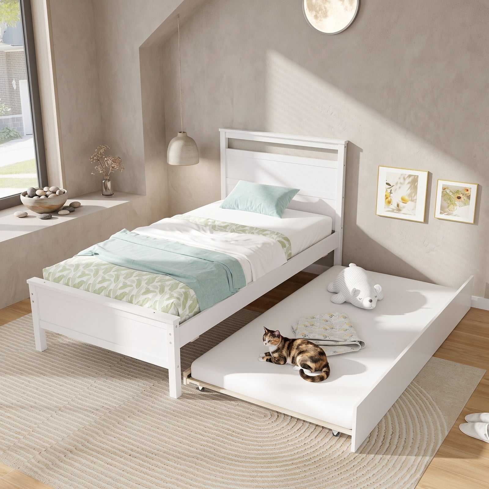 Furnibear Twin Bed Frame Wood Platform Bed with Roll-Out Trundle and Plank Headboard for Kids and Guest Bedroom, White