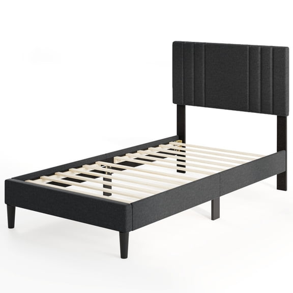 Furnibear Twin Upholstered Bed Frame Gray with Vertical Channel Tufted Headboard, Faux Linen Slat Support and Embedded Platform, No Box Spring