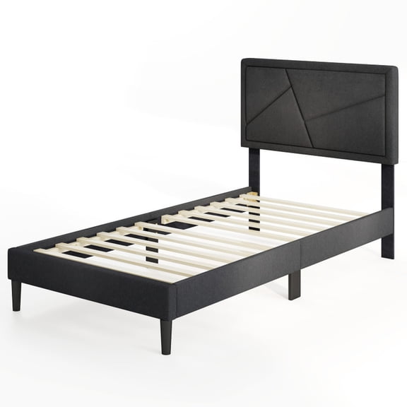 Furnibear Twin Upholstered Platform Bed Gray with High Tufted Headboard, Faux Linen Plywood Slat Support and Embedded Surface, No Box Spring