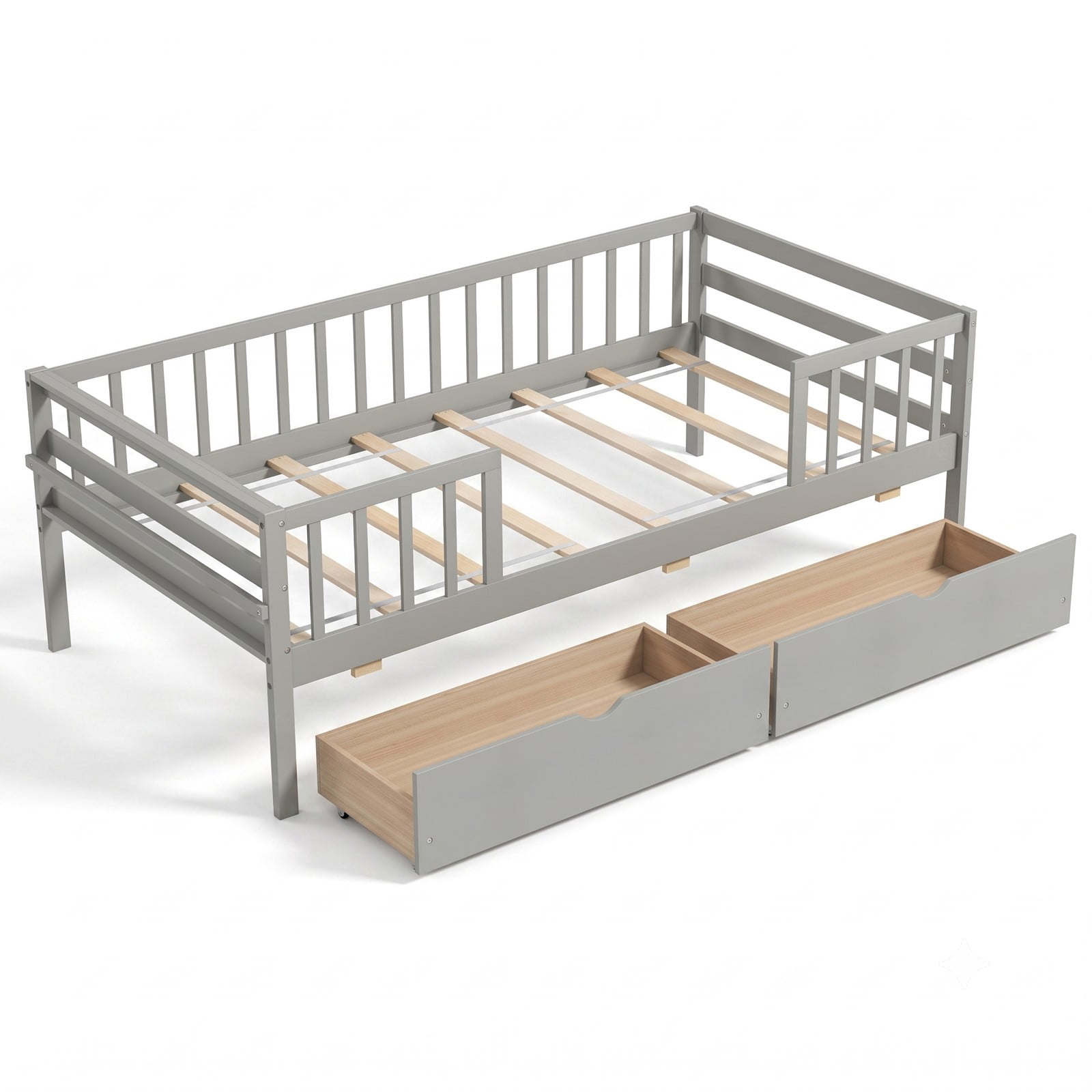 Furnibear Twin Wood Daybed with Full Fence Rails and 2 Pull-Out Storage Drawers for Kids Bedroom and Toddler Play Room, Gray