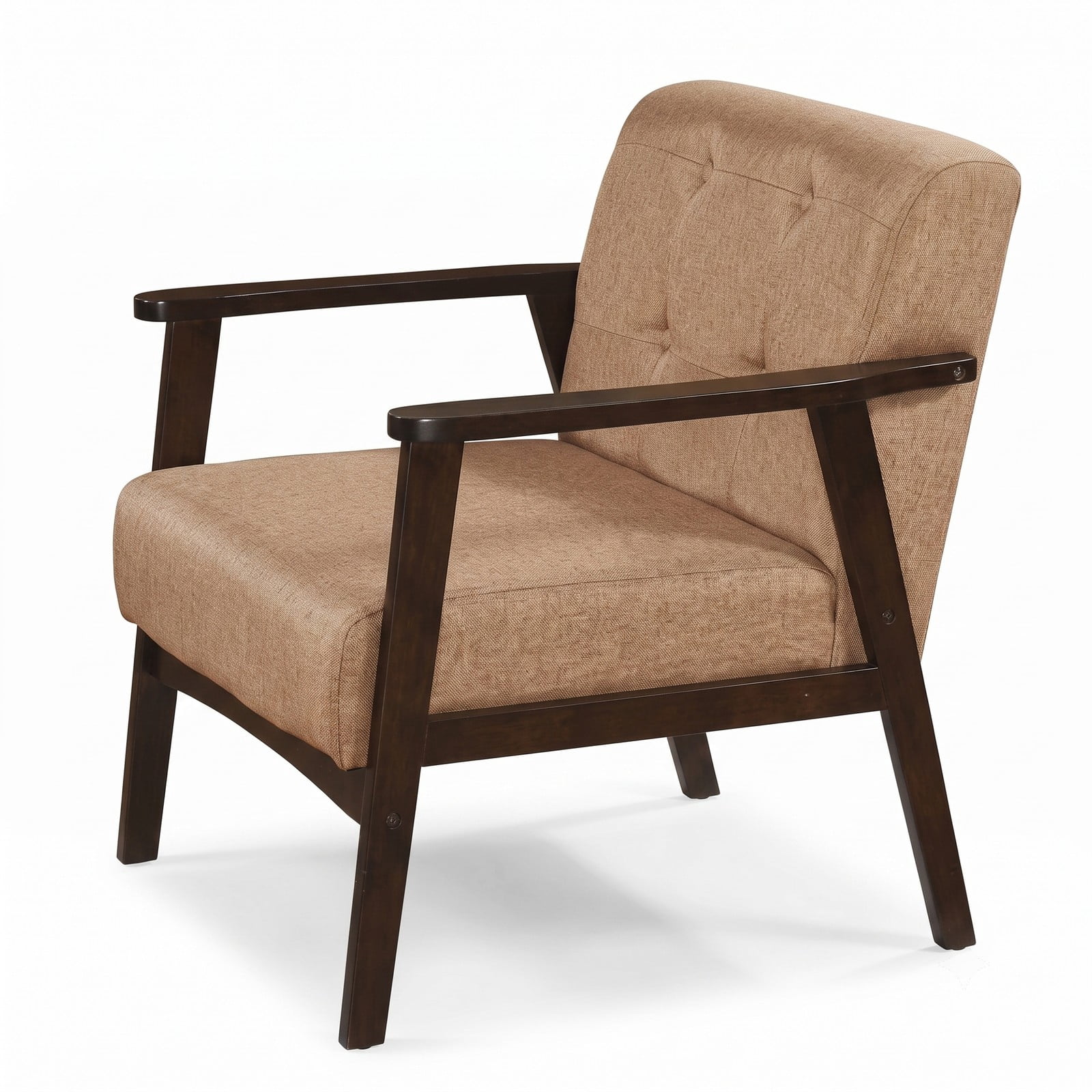 Furnibear Upholstered Accent Chair, Mid-Century Rubber Wood Armchair with Linen Padded Seat and Button-Tufted Backrest for Living Room Bedroom Reading Nook, 330, Beige