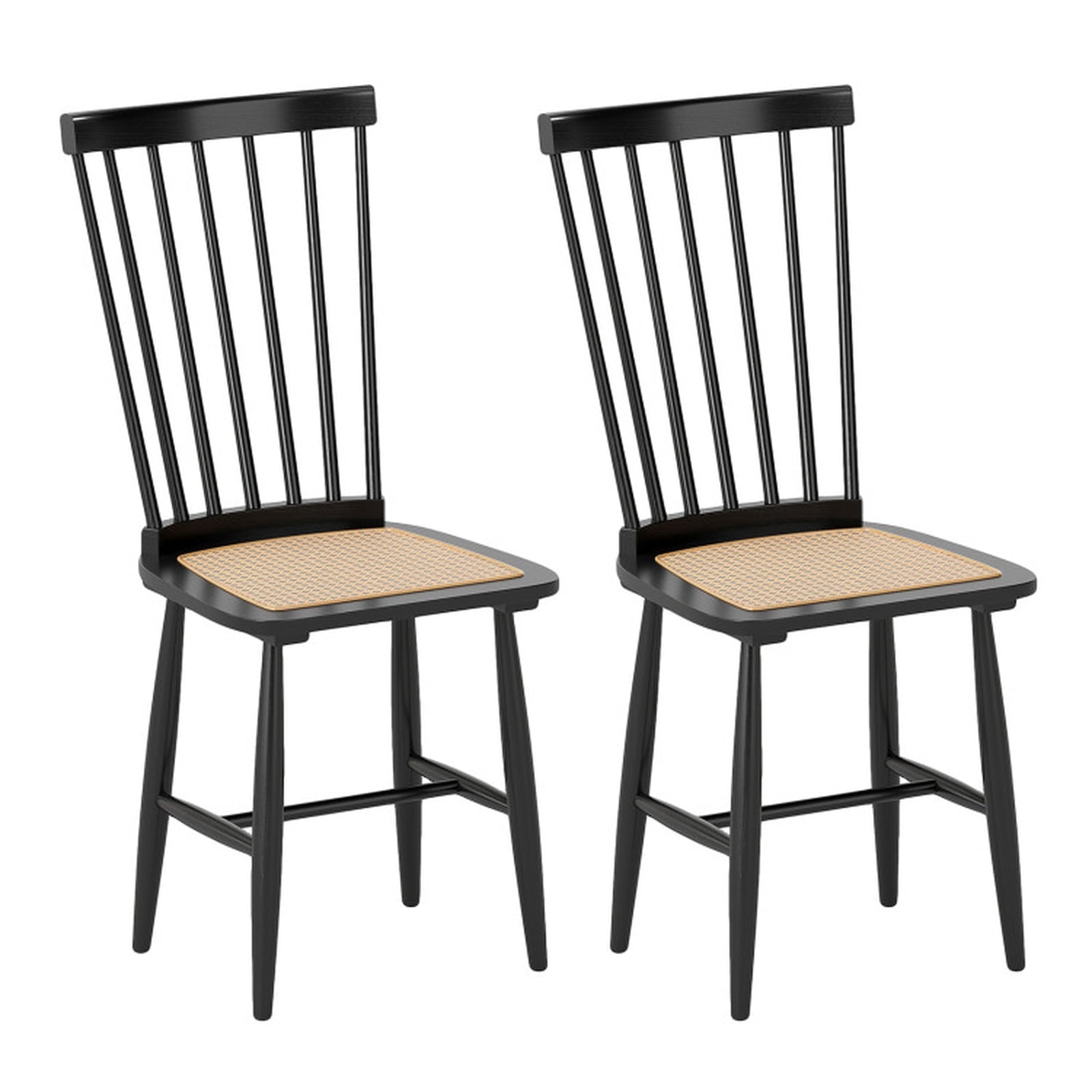 Furnibear Farmhouse Dining Chairs Set of 2 with Woven PE Rattan Seat and Solid Rubber Wood Frame for Kitchen and Dining Room, Black