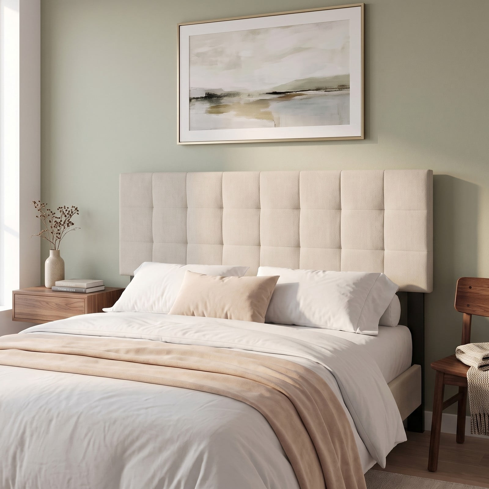Furnibear Upholstered Headboard for Full and Queen Beds, Quilted Grid Linen Bed Frame Headboard with Adjustable Legs, Fits Queen Bed Frame, Beige