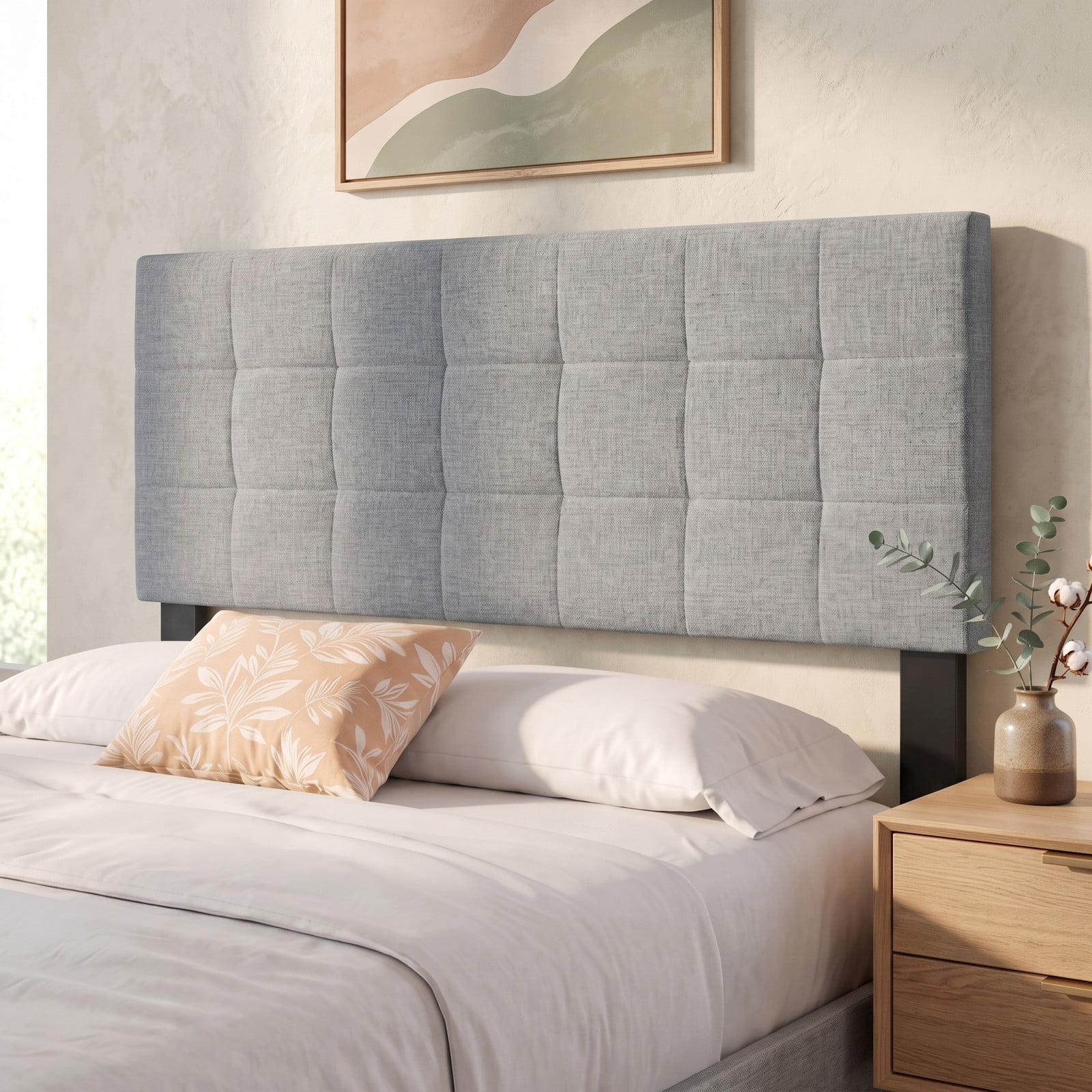 Furnibear Upholstered Headboard for Full and Queen Bed Frame, Quilted Grid Linen Panel with Adjustable Legs for Bedroom, Gray
