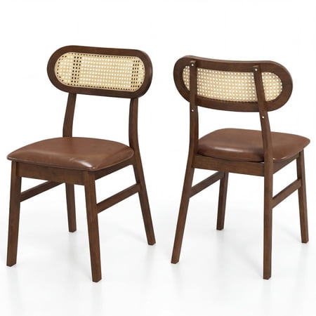 Furnibear Mid Century Wood Dining Chairs Set of 2 with Woven Rattan Back and Leather Seat for Kitchen and Dining Room, Coffee