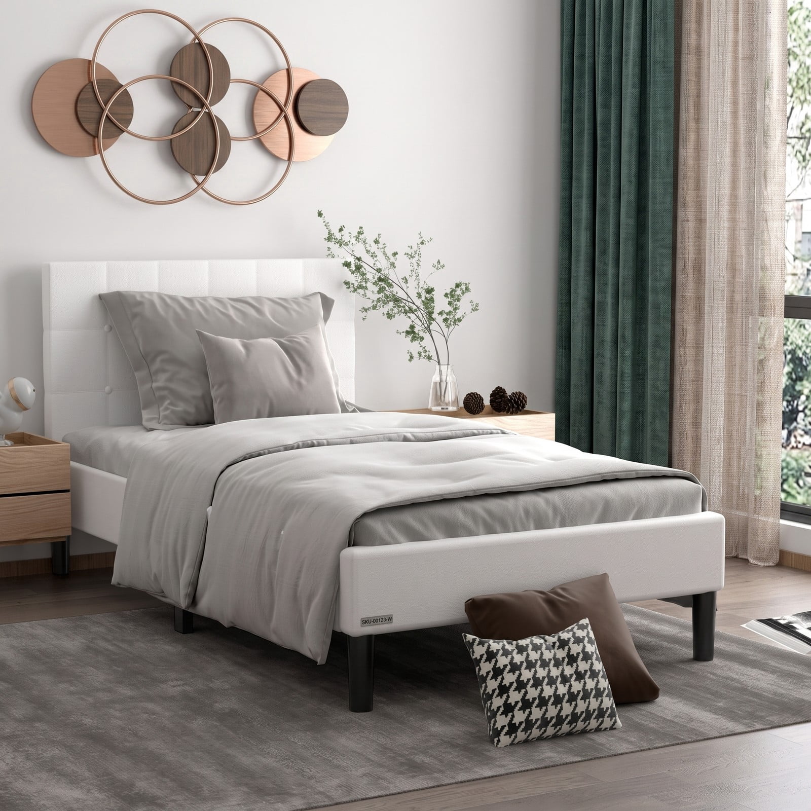 Furnibear Twin Size Bed Frame, Upholstered Platform Bed with Button Tufted Headboard and Under-Bed Storage, No Box Spring Needed, White