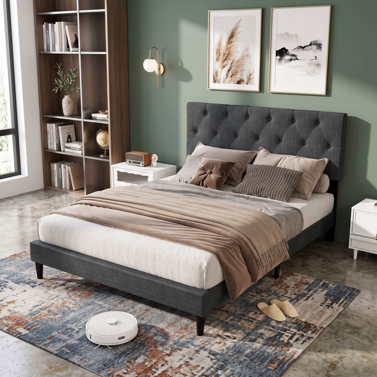 Furnibear Full Size Bed Frame Upholstered Platform Bed with Button Tufted Wingback Headboard and Wooden Slat Support for Bedroom Guest Room, Gray