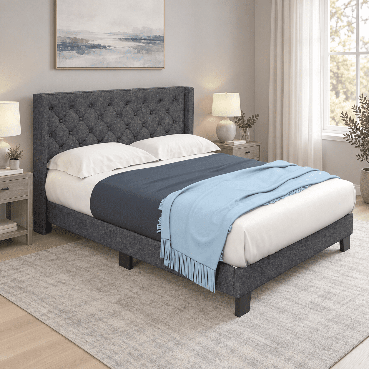 Furnibear Queen Bed Frame with Headboard, Upholstered Platform Bed with Diamond Button Tufted Wingback Headboard, No Box Spring, Gray