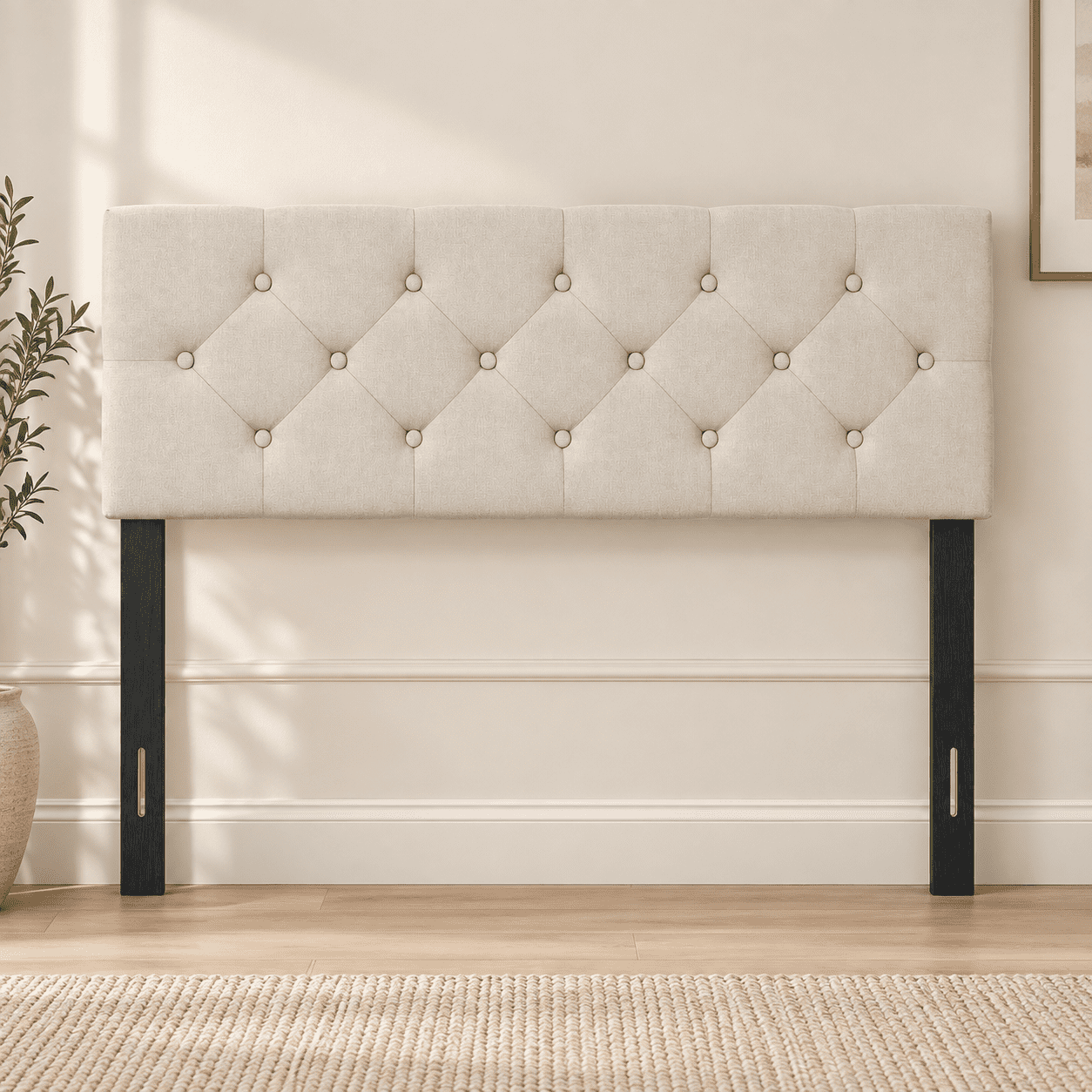 Furnibear Upholstered Tufted Linen Headboard Panel for Queen Size Beds with Adjustable Legs for Bedroom and Guest Room, Beige