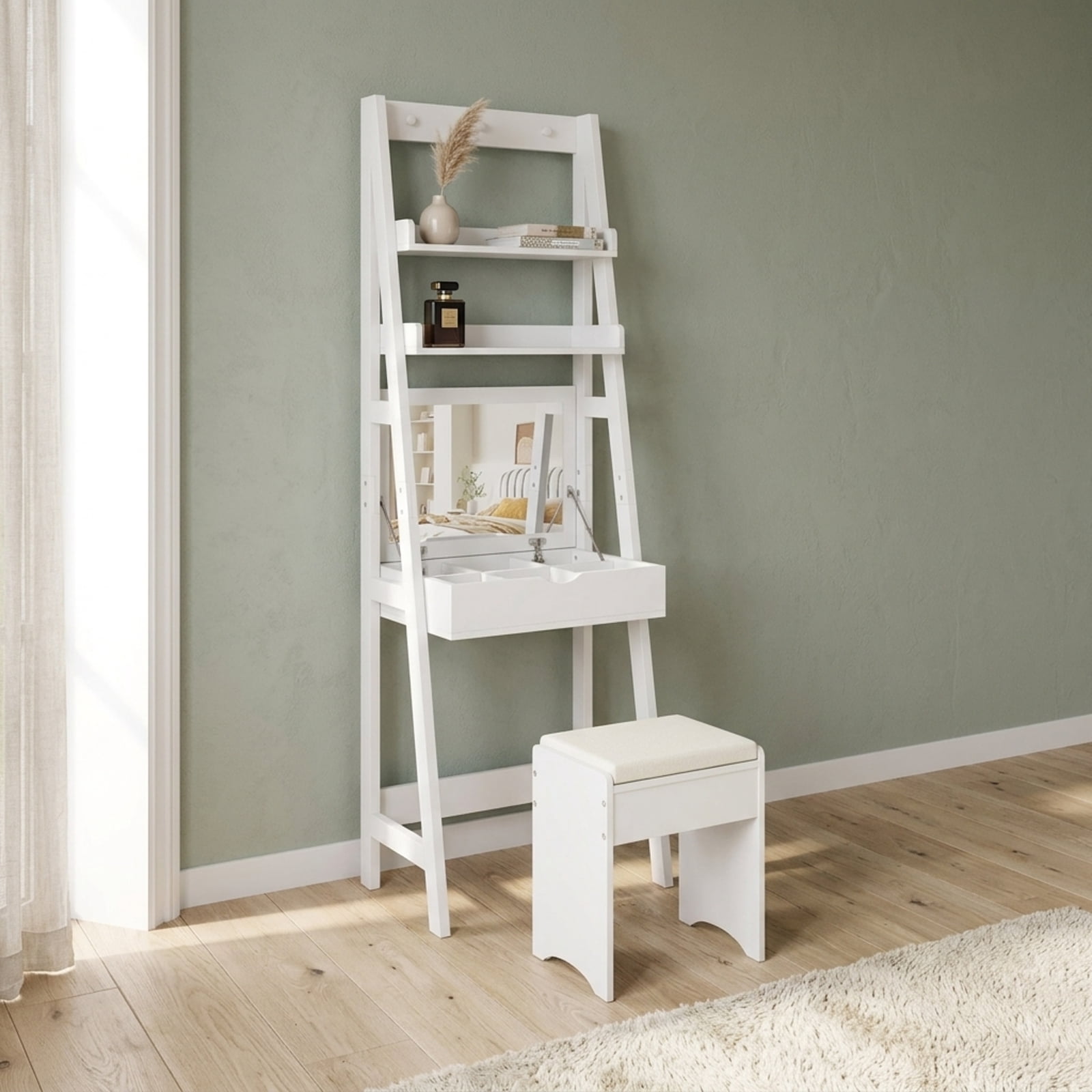 Furnibear Vanity Desk Set with Flip Top Mirror Hidden Storage Compartments and Cushioned Stool for Bedroom Makeup Dressing Room Vanity Desk, White