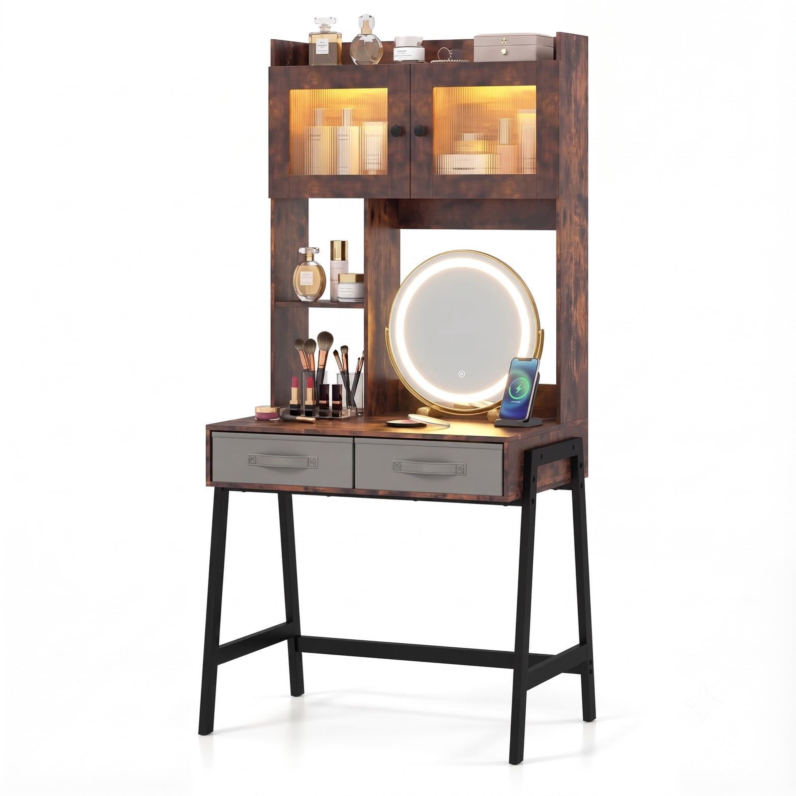 Furnibear Vanity Desk with 360 Degree Rotatable Lighted Mirror and Lighted Cabinet and Charging Storage Shelves, Rustic Brown