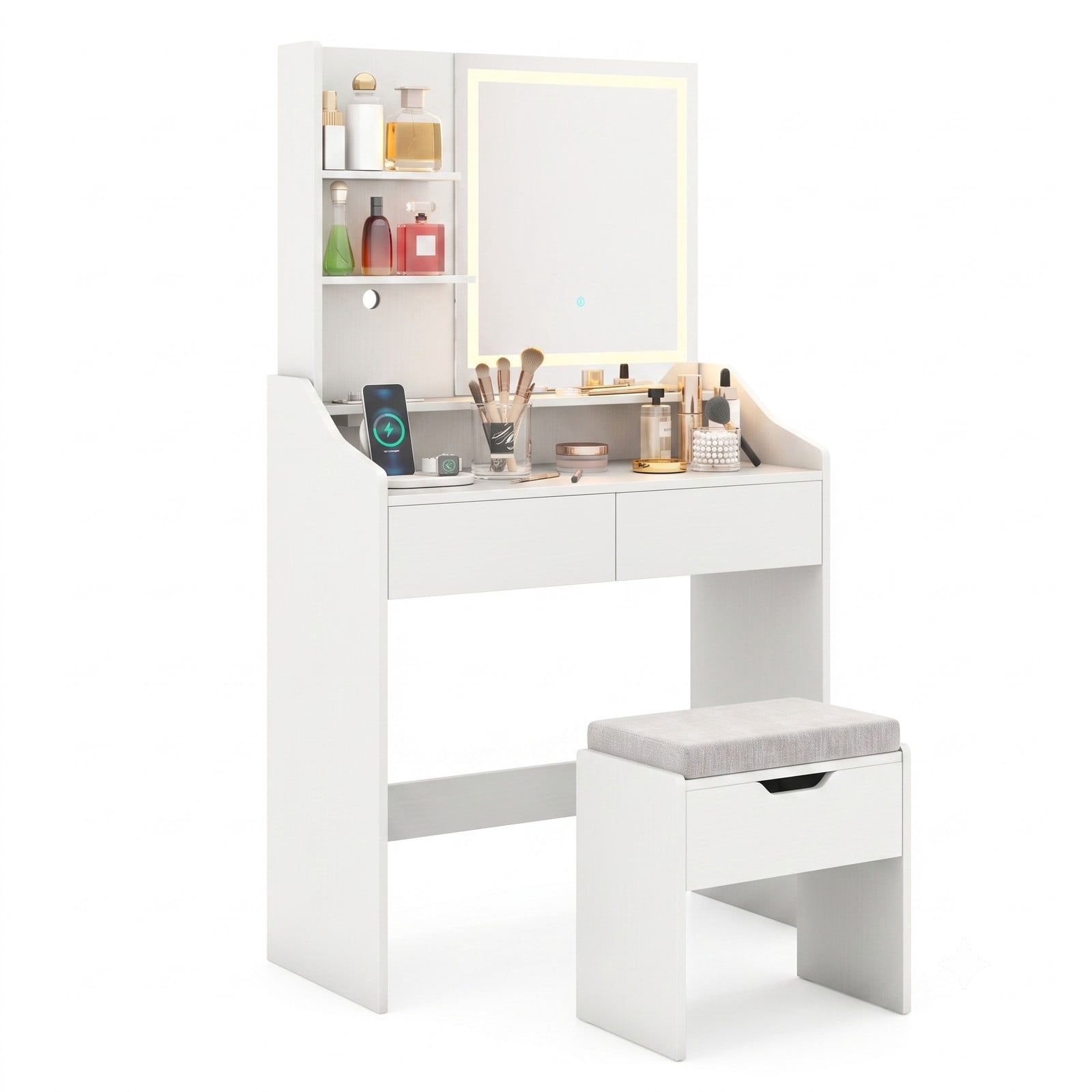 Furnibear Vanity Desk with LED Lighted Mirror and 3 Color Modes and Charging Station and Storage Stool for Bedroom, White