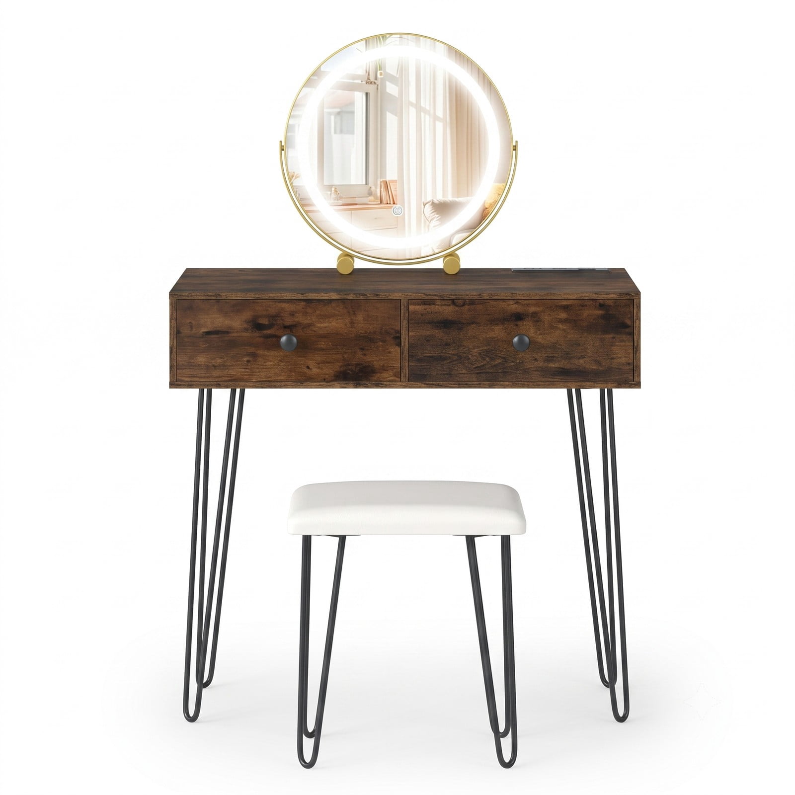 Furnibear Vanity Desk with Lighted Adjustable Mirror, Makeup Dressing Table with 2 Drawers, Outlets and Cushioned Stool for Bedroom, Rustic Brown
