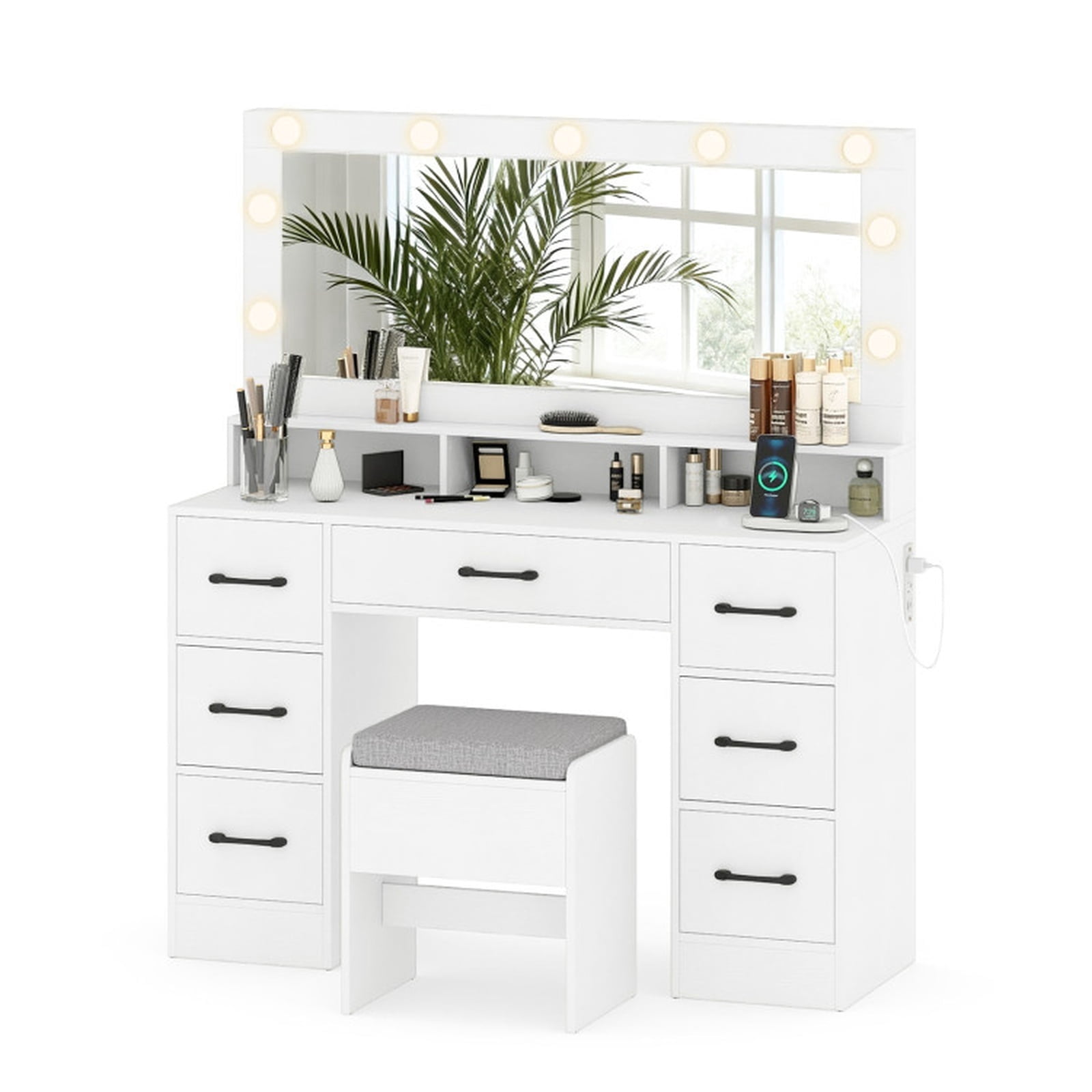 Furnibear Vanity Desk with Mirror and Lights and Cushioned Stool and Power Outlets USB Ports for Bedroom Makeup Room, White