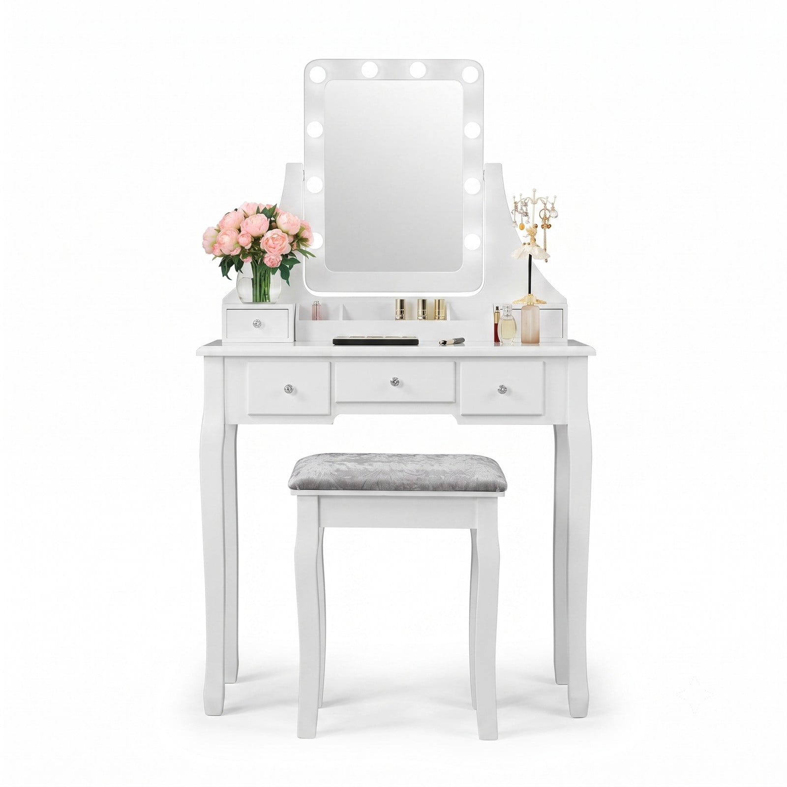 Furnibear Vanity Dressing Table Set with 10 Dimmable Bulbs and Cushioned Stool, 5 Drawers, Rotating Makeup Mirror for Bedroom, White