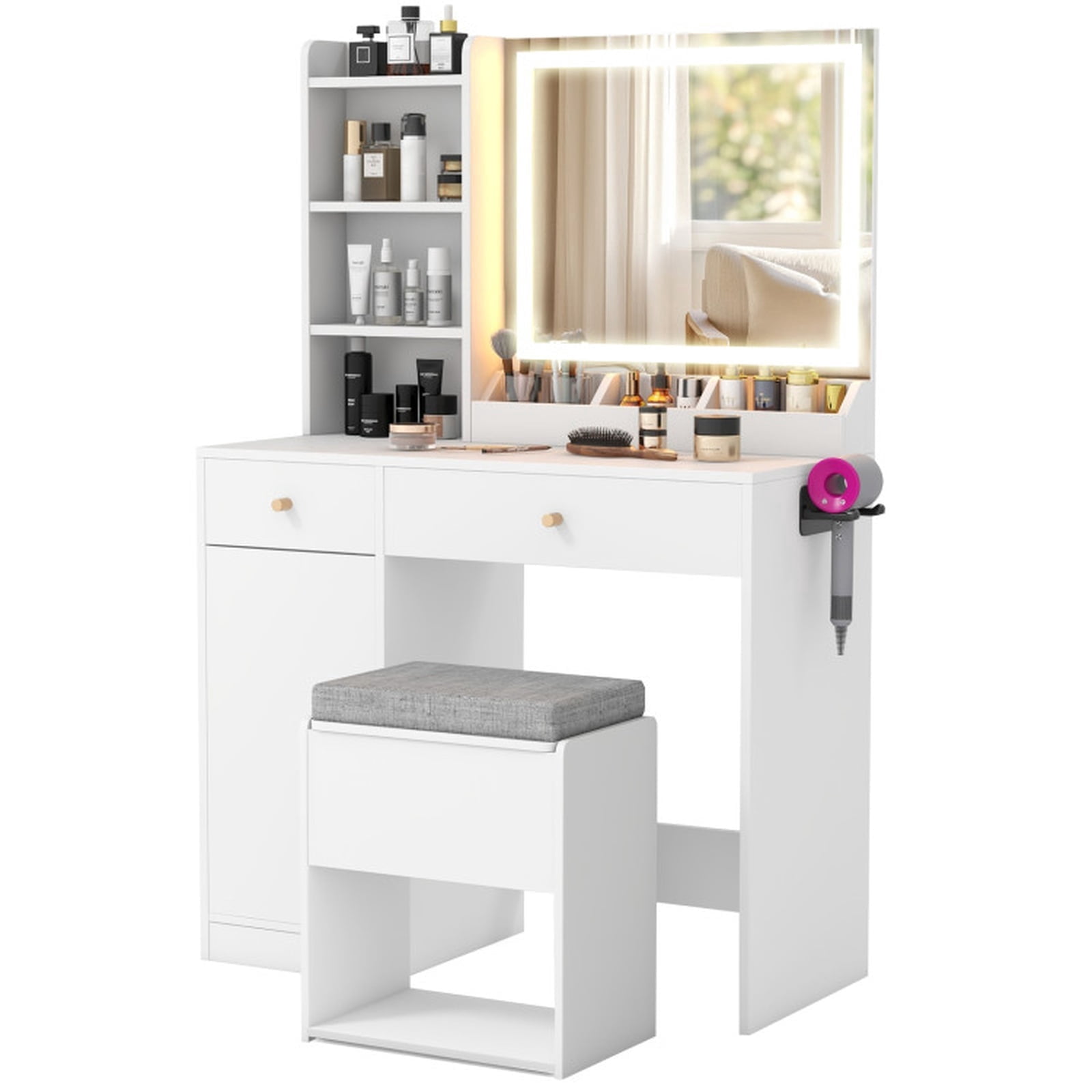 Furnibear Vanity Desk with Mirror and 3-Color Adjustable Lights and Chair Set with Power Outlet USB Ports for Bedroom Makeup Room, White