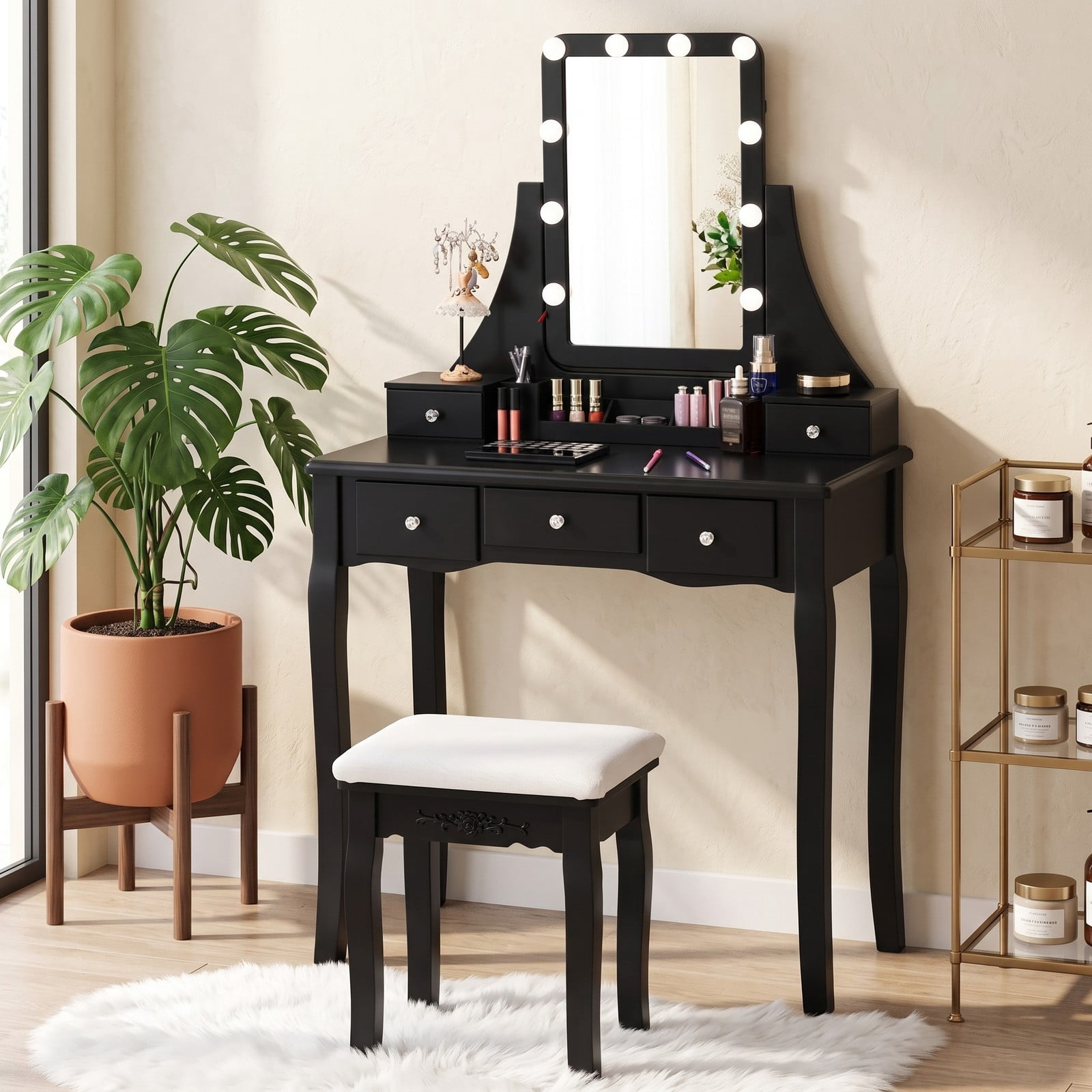 Furnibear Vanity Dressing Table with 10 Dimmable Light Bulbs and Cushioned Stool, Makeup Vanity Desk with 5 Drawers and Rotating Mirror, Black