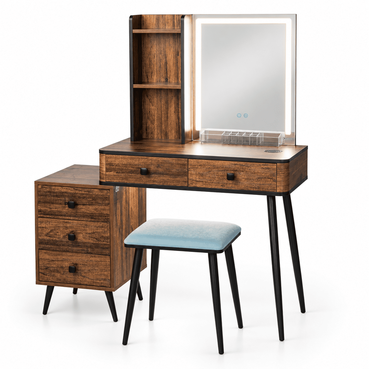 Furnibear Vanity Makeup Table Set with Lighted Mirror and Cushioned Stool, Vanity Desk with 3-Drawer Chest and Wireless Charging for Bedroom, Brown