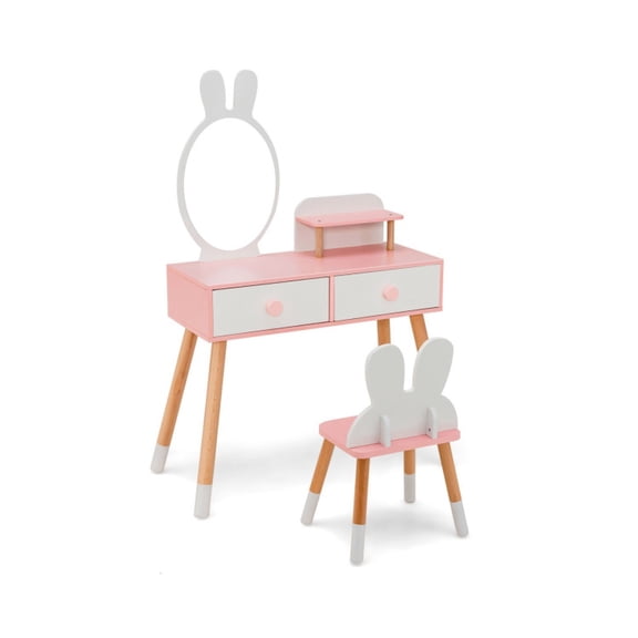 Furnibear Vanity Rabbit Mirror Pretend Play Dressing Table with Tri-Folding, White
