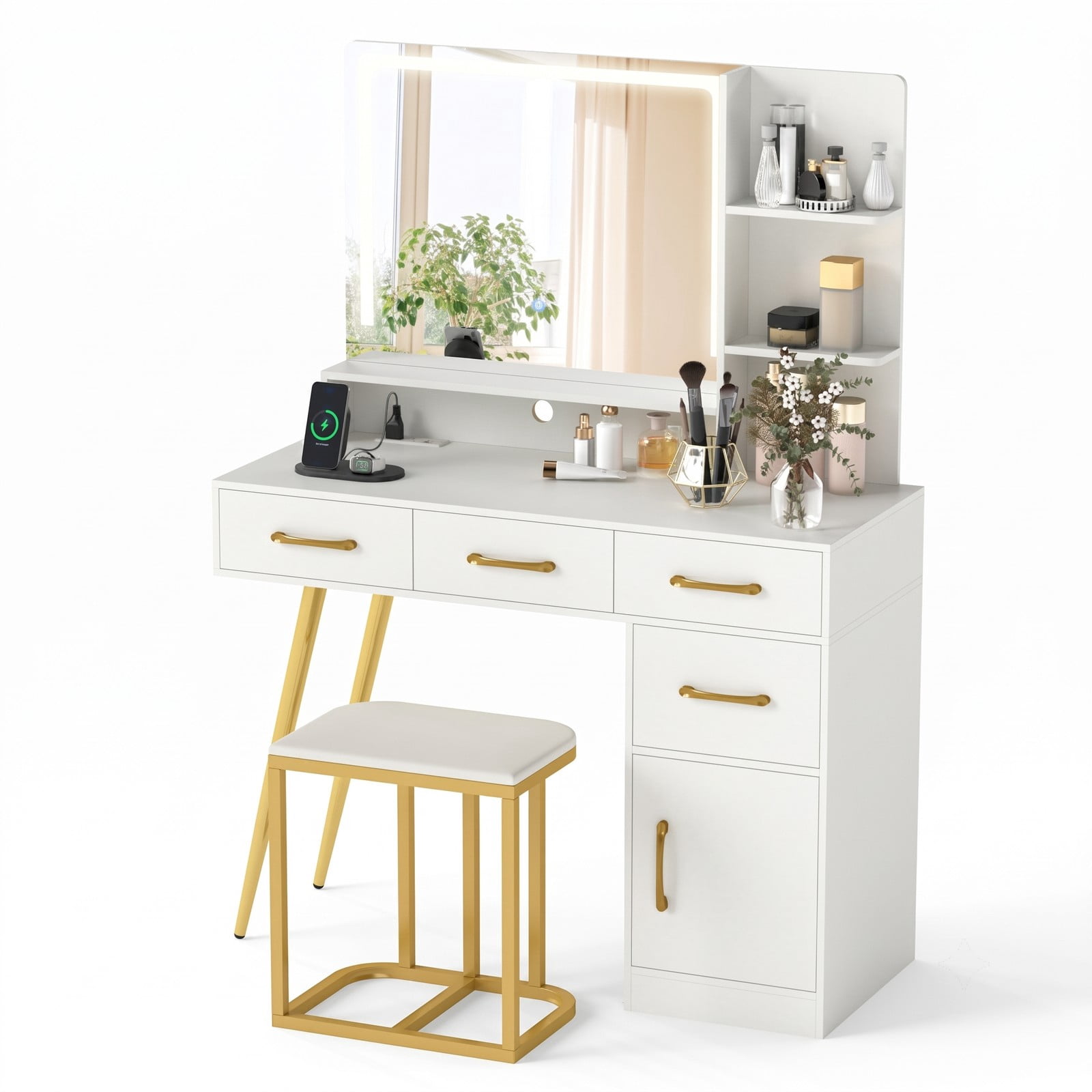 Furnibear Vanity Desk with Mirror and Lights, Makeup Vanity Table and Stool Set with Adjustable Brightness and Charging Ports for Bedroom, White