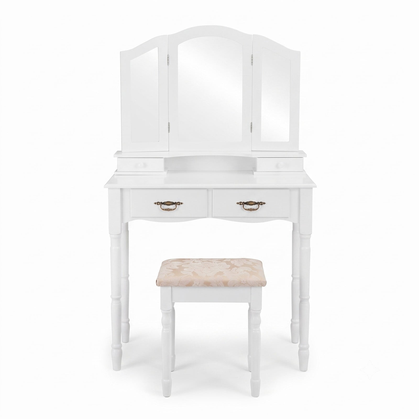 Furnibear Makeup Vanity Table Set with Tri-Folding Mirror 4 Drawers Cushioned Stool and Wood Legs for Bedroom, White