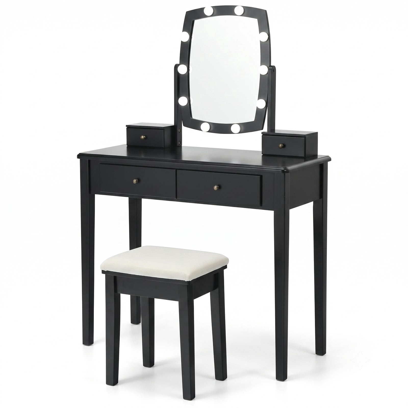 Furnibear Vanity Table Set with 10 Dimmable Bulb Lighted Mirror and Cushioned Fabric Stool and Drawers for Bedroom and Dressing Room, Black