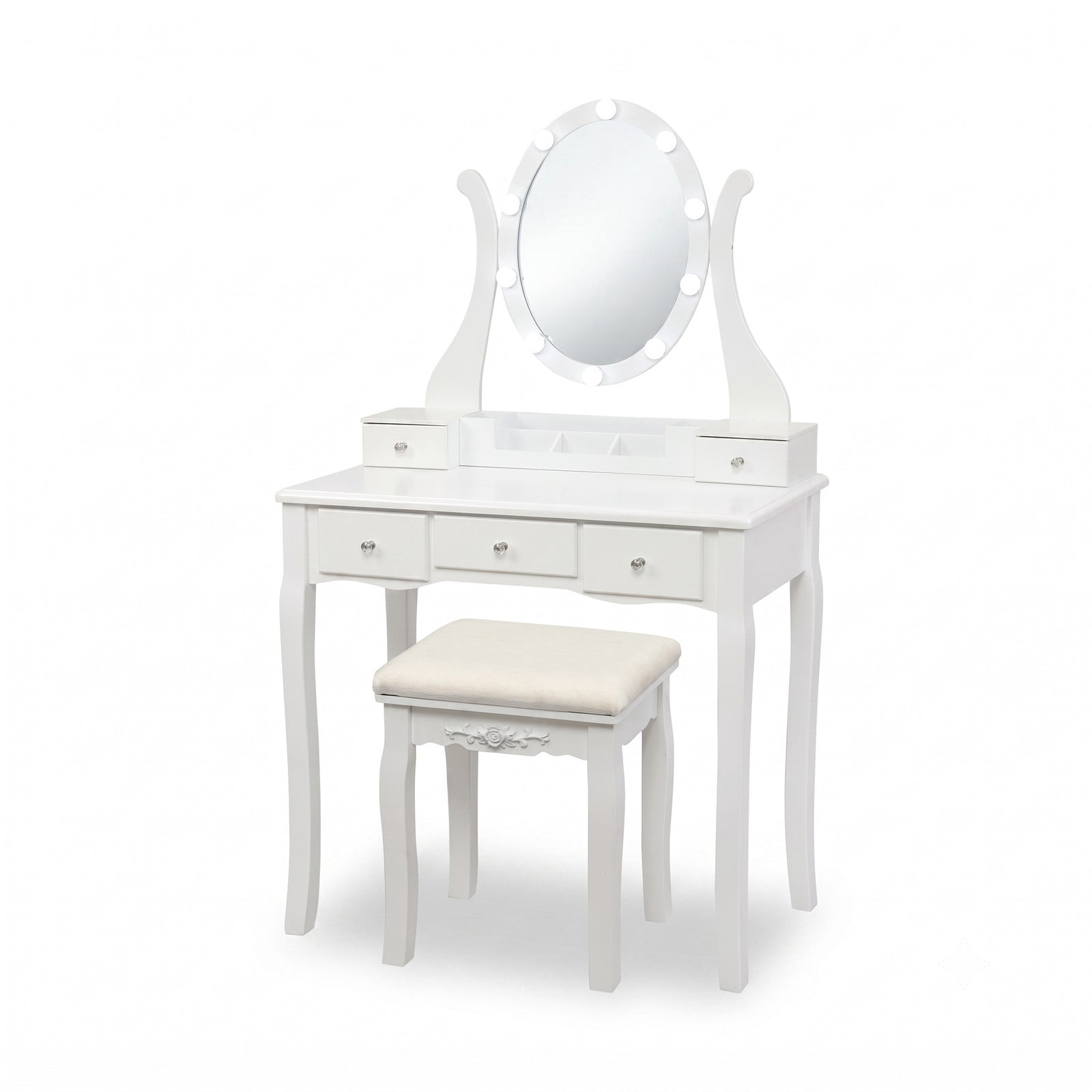 Furnibear Vanity Table Set with 10 Dimmable Light Oval Mirror and Cushioned Stool and 5 Drawers for Bedroom Makeup and Dressing, White