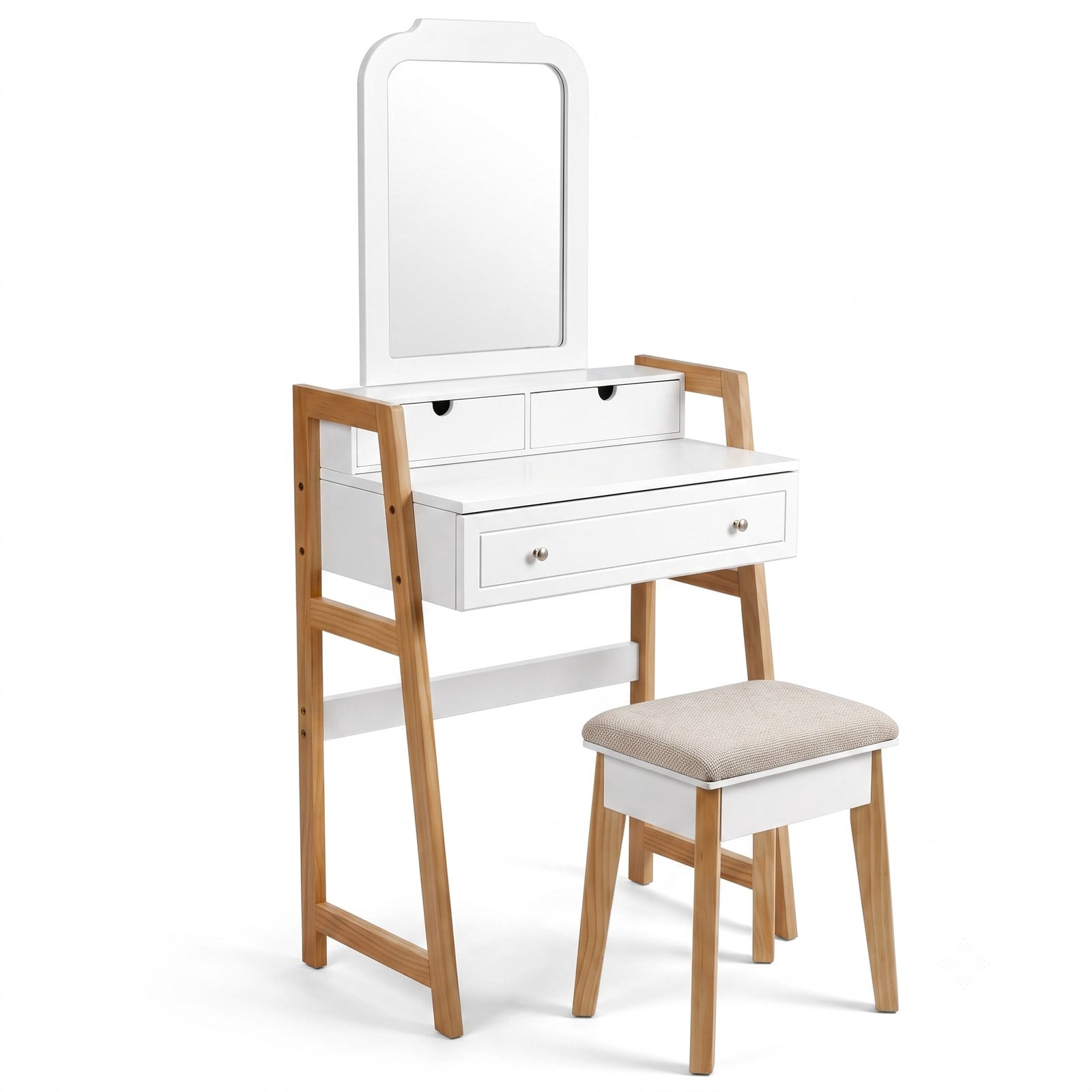 Furnibear Vanity Table Set with Large Mirror and Cushioned Stool, Makeup Dressing Table with 3 Drawers and 2-Tier Tabletop, White