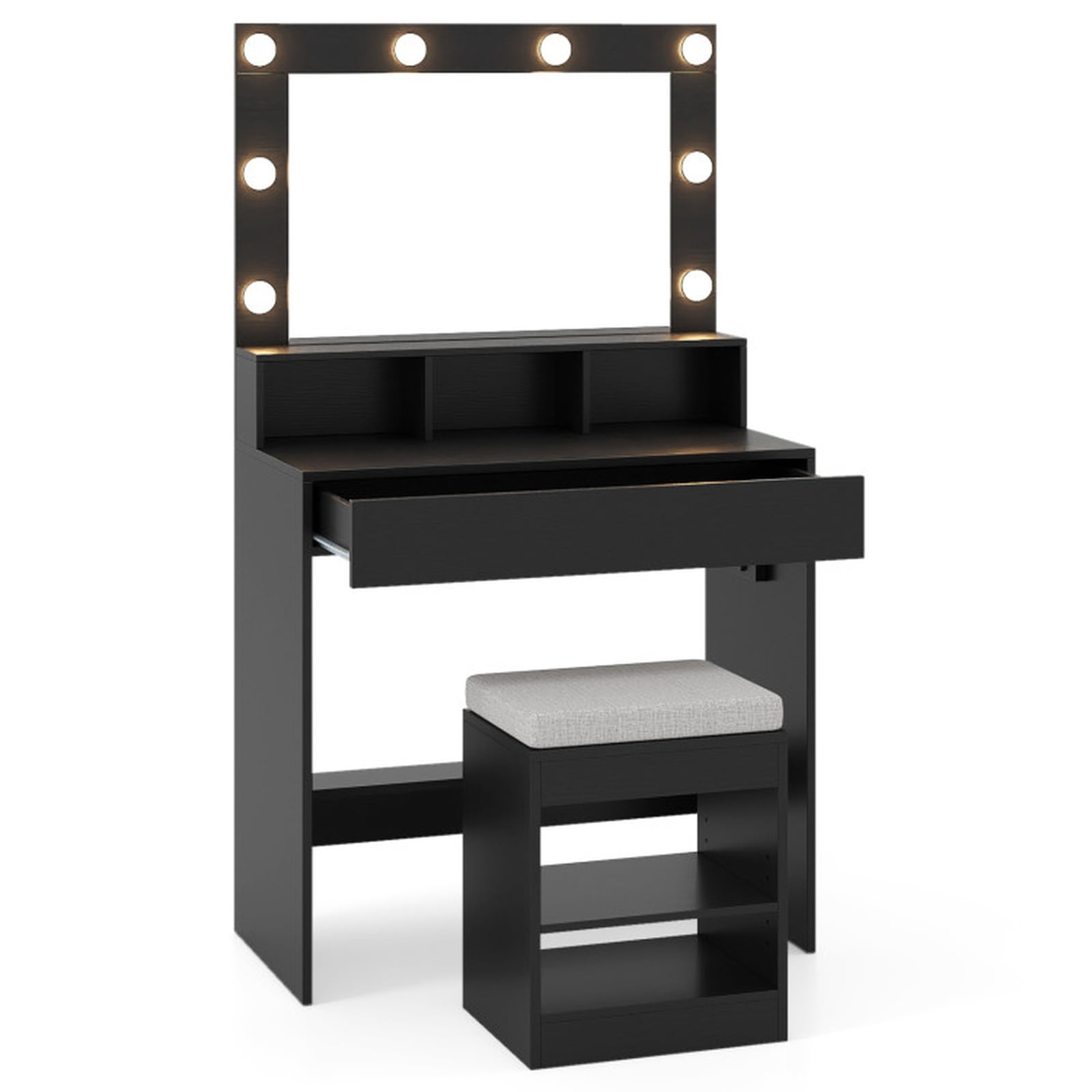 Furnibear Vanity Table Set with Lighted Mirror and Cushion Stool for Bedroom Makeup Dressing Room Vanity Desk Mirror Set, Black
