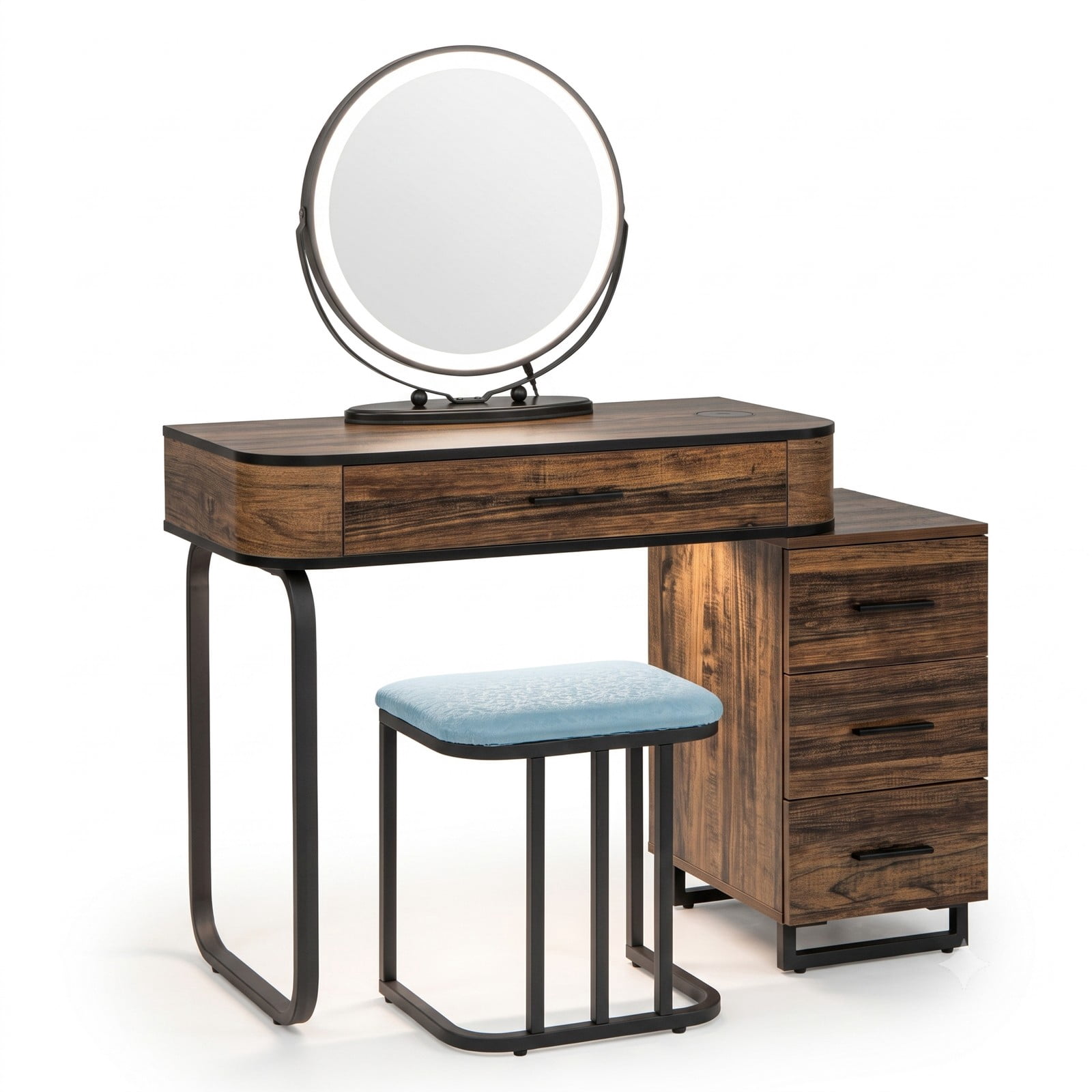 Furnibear Vanity Table Set with Lighted Mirror and Wireless Charging Station and 3 Drawer Chest and Cushioned Stool, Brown