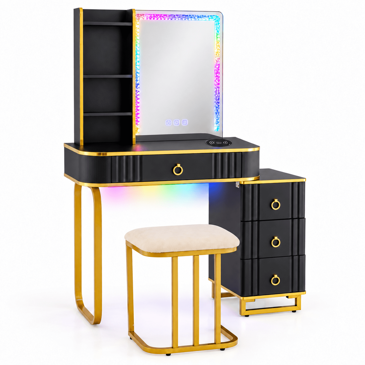 Furnibear Vanity Table Set with RGB LED Lights, Makeup Vanity Desk with Wireless Charging Station, Storage Shelves, Cabinet and Cushioned Stool, Black