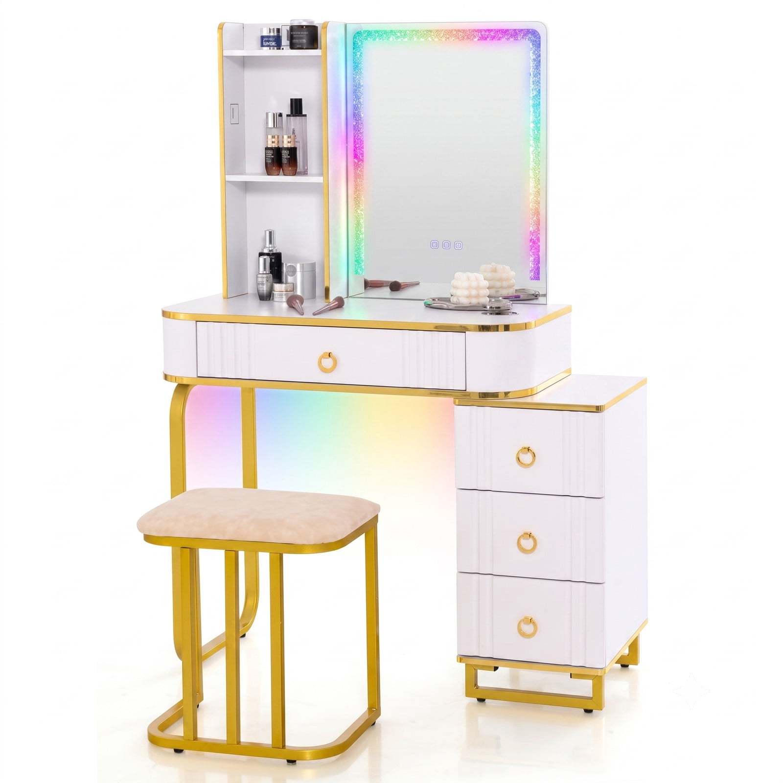 Furnibear Vanity Table Set with RGB LED Lights and Wireless Charging, Makeup Vanity Desk with Storage Shelves and Cushioned Stool, White