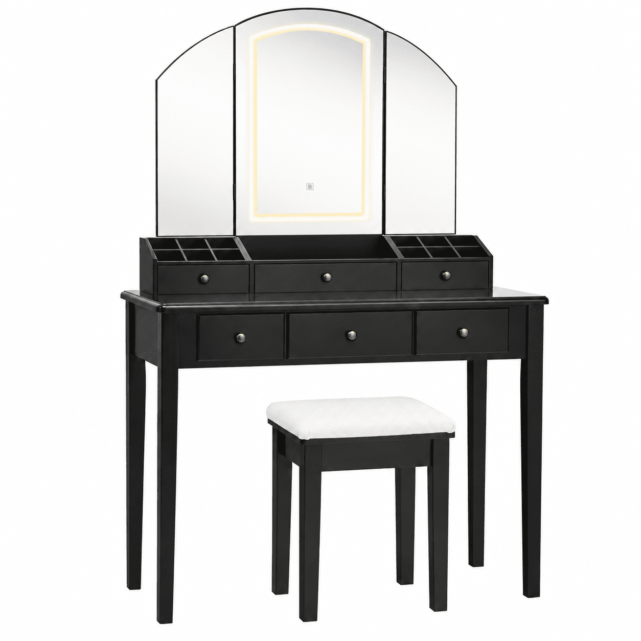 Furnibear Vanity Table and Stool Set with Large Tri-Folding Lighted Mirror, 3 Drawers, Makeup Dressing Desk for Bedroom, Black