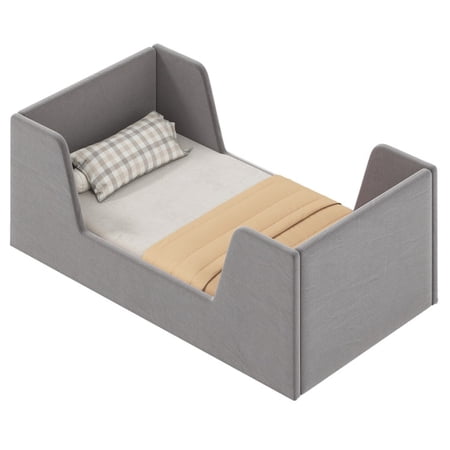 Furnibear Soft Velvet Fabric Toddler Bed Frame with Safety Rails and Climbing Net for Kids Bedroom Wood Platform Bed with Headboard, Gray