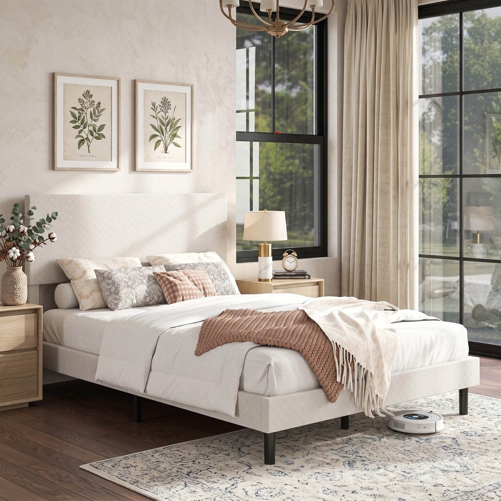 Furnibear Queen Size Bed Frame Velvet Upholstered Platform Bed Frame with Height Adjustable Chevron Headboard and Slats for Bedroom, Beige