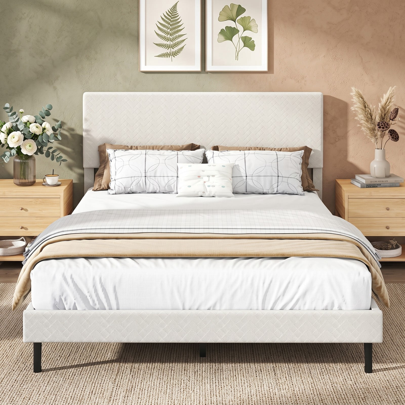 Furnibear Velvet Upholstered Platform Bed Frame with Height Adjustable Chevron Headboard and Wooden Slats for Bedroom, Beige