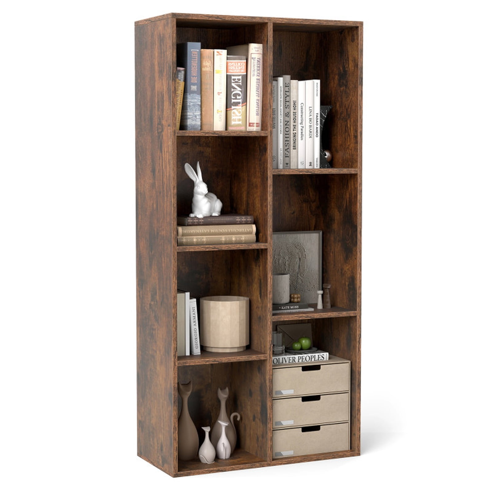 Furnibear Vertical or Horizontal Freestanding Bookshelf with 7 Compartments and Anti-Tipping Kits for Living Room Study, Rustic Brown