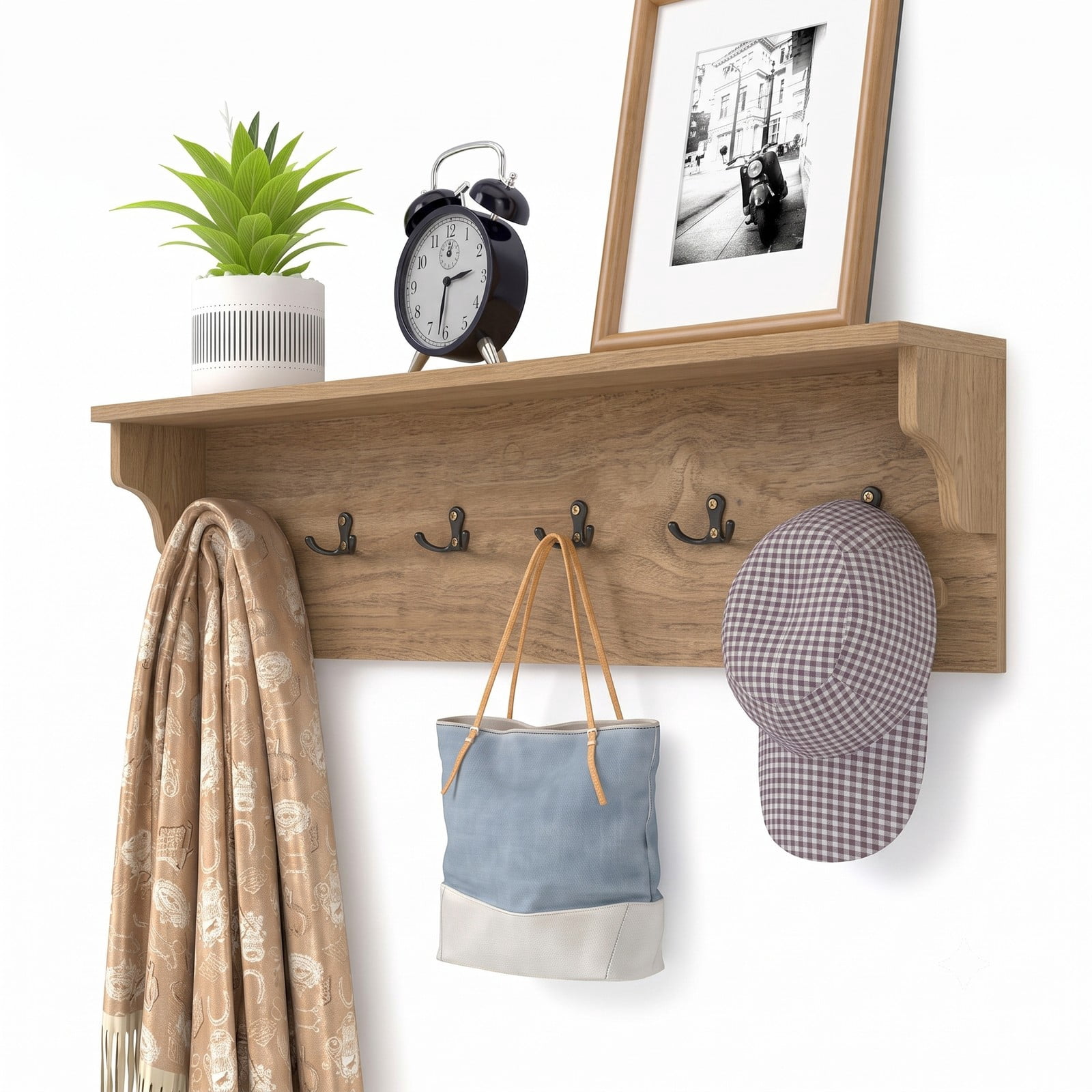 Furnibear Wall Mounted 31.5 inch Wooden Coat and Hat Rack with Top Shelf and 6 Hooks for Hats Towels Purses and Robes, Natural