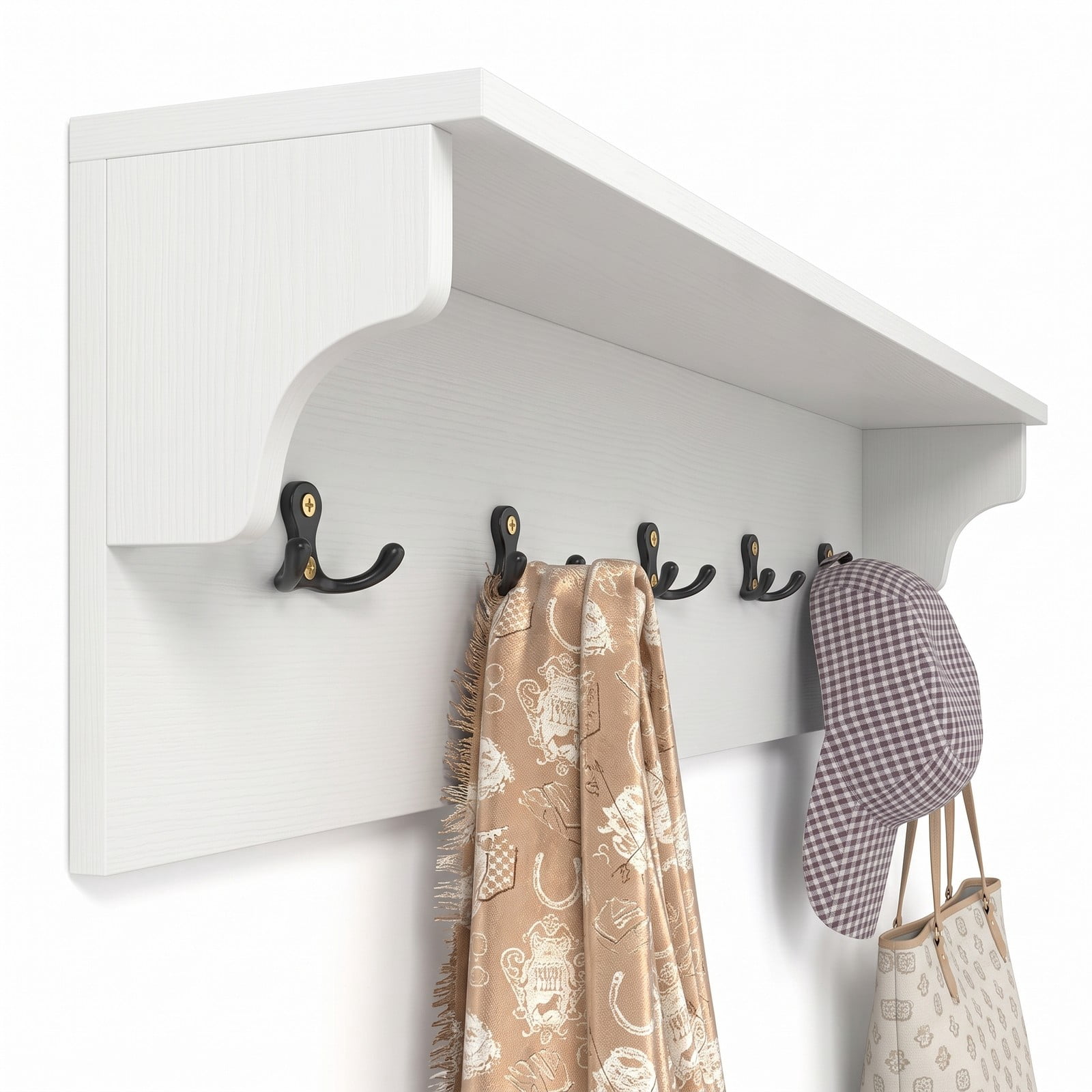 Furnibear Wall Mounted 31.5 inch Wooden Coat and Hat Rack with Top Shelf and 6 Hooks for Hats Towels Purses and Robes, White