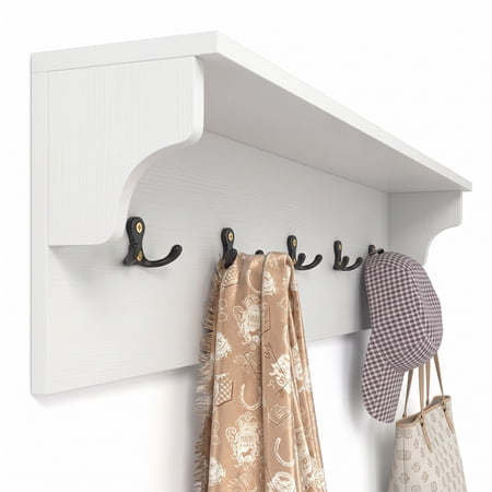 Furnibear Wall Mounted 31.5 inch Wooden Coat and Hat Rack with Top Shelf and 6 Hooks for Hats Towels Purses and Robes, White