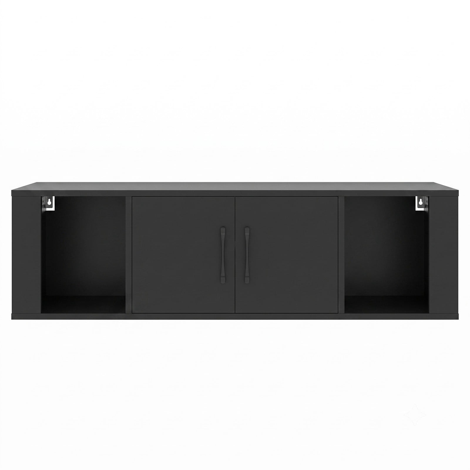 Furnibear Wall Mounted Floating Storage Cabinet, 2 Door Hutch with Open Cube Shelves, Space-Saving Media Console Hanging Desk Wood Wall Shelf for Living Room, Black