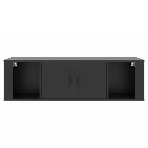 Furnibear Wall Mounted Floating Media Cabinet with 2 Doors, 2 Open Cubes and Hanging Storage Shelf for Living Room or Office, Black