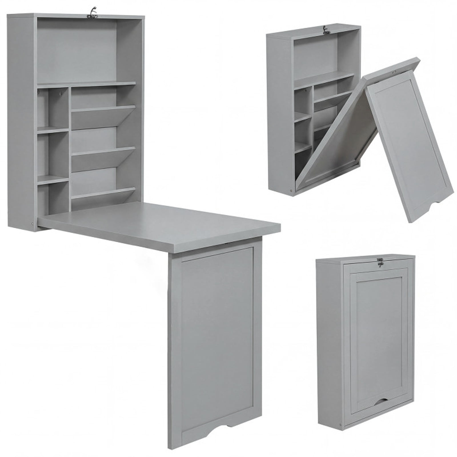 Furnibear Wall Mounted Fold Out Convertible Floating Desk Space Saver with Shelves for Small Spaces Home Office Study, Gray