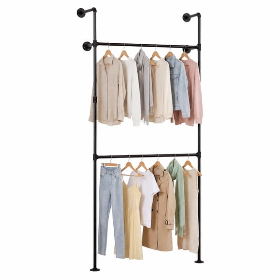 Furnibear Wall Mounted Pipe Clothing Rack with 2 Hanging Rods for Bedroom Laundry Closet Entryway Garment Hanging, Black