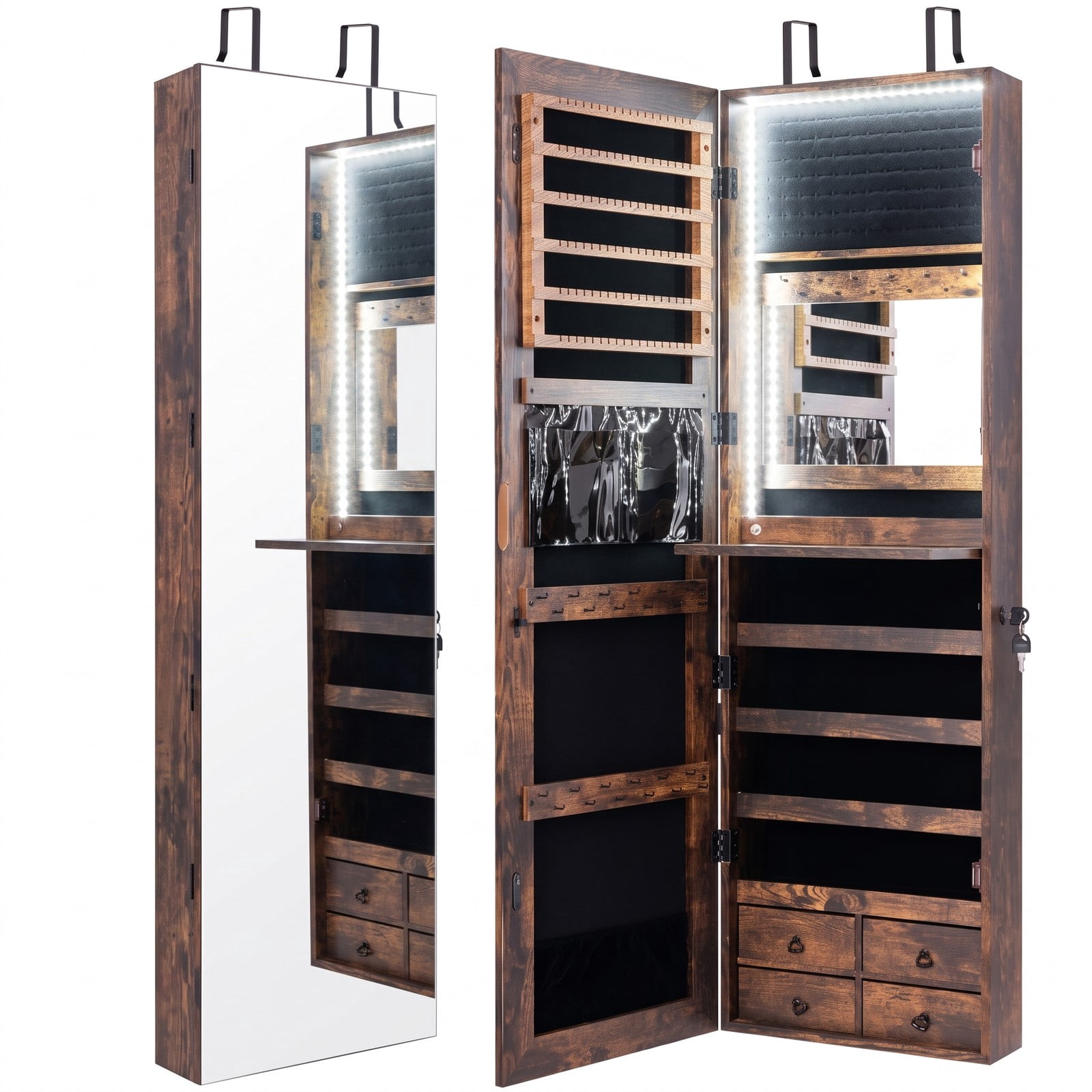 Furnibear Wall and Door Mounted Jewelry Cabinet with Full-Length Mirror, 4 Drawers, and 96 LED Lights for Bedroom Storage, Rustic Brown
