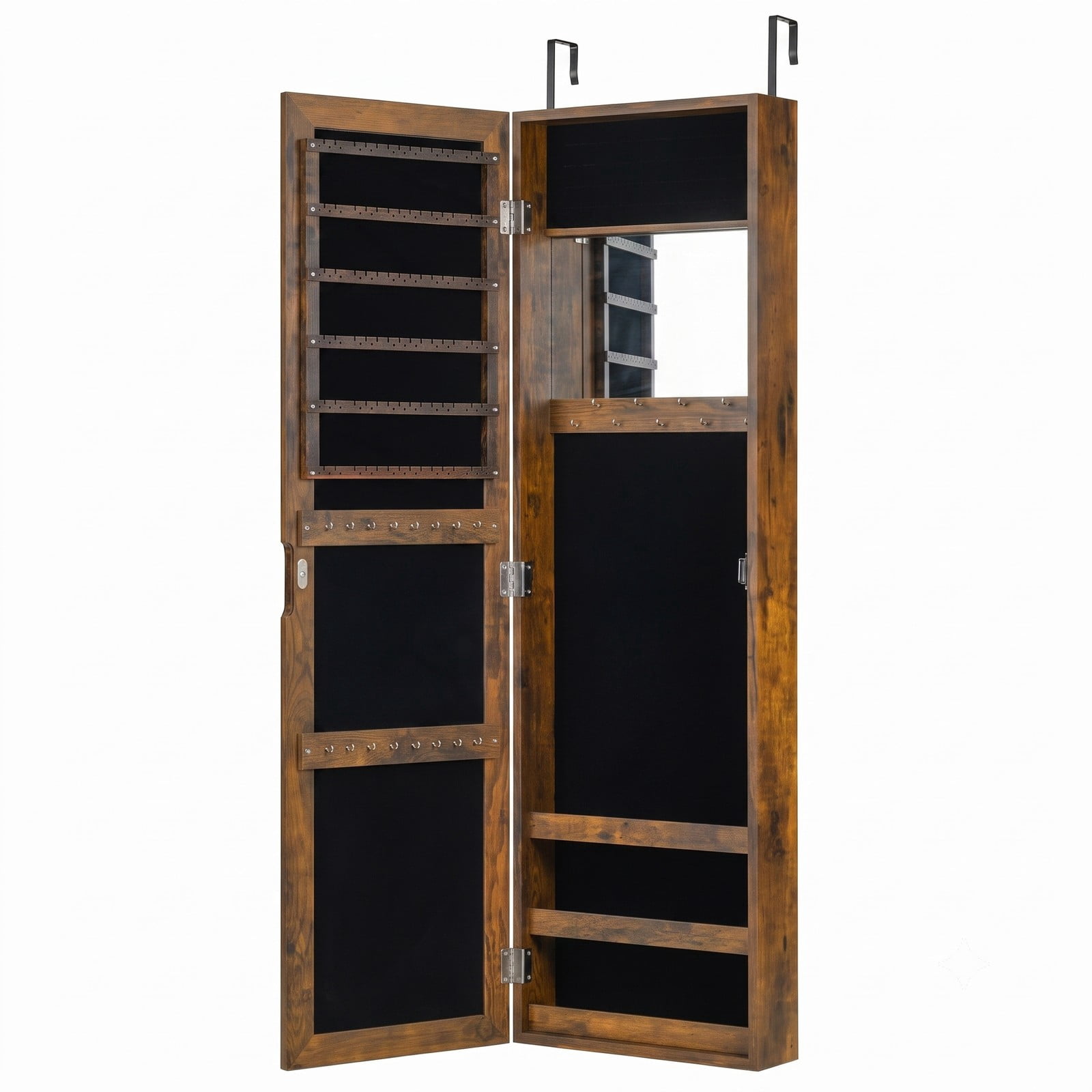 Furnibear Wall and Door Mounted Jewelry Cabinet with Full-Length Mirror, Ring Slots, and Necklace Hooks for Bedroom, Rustic Brown