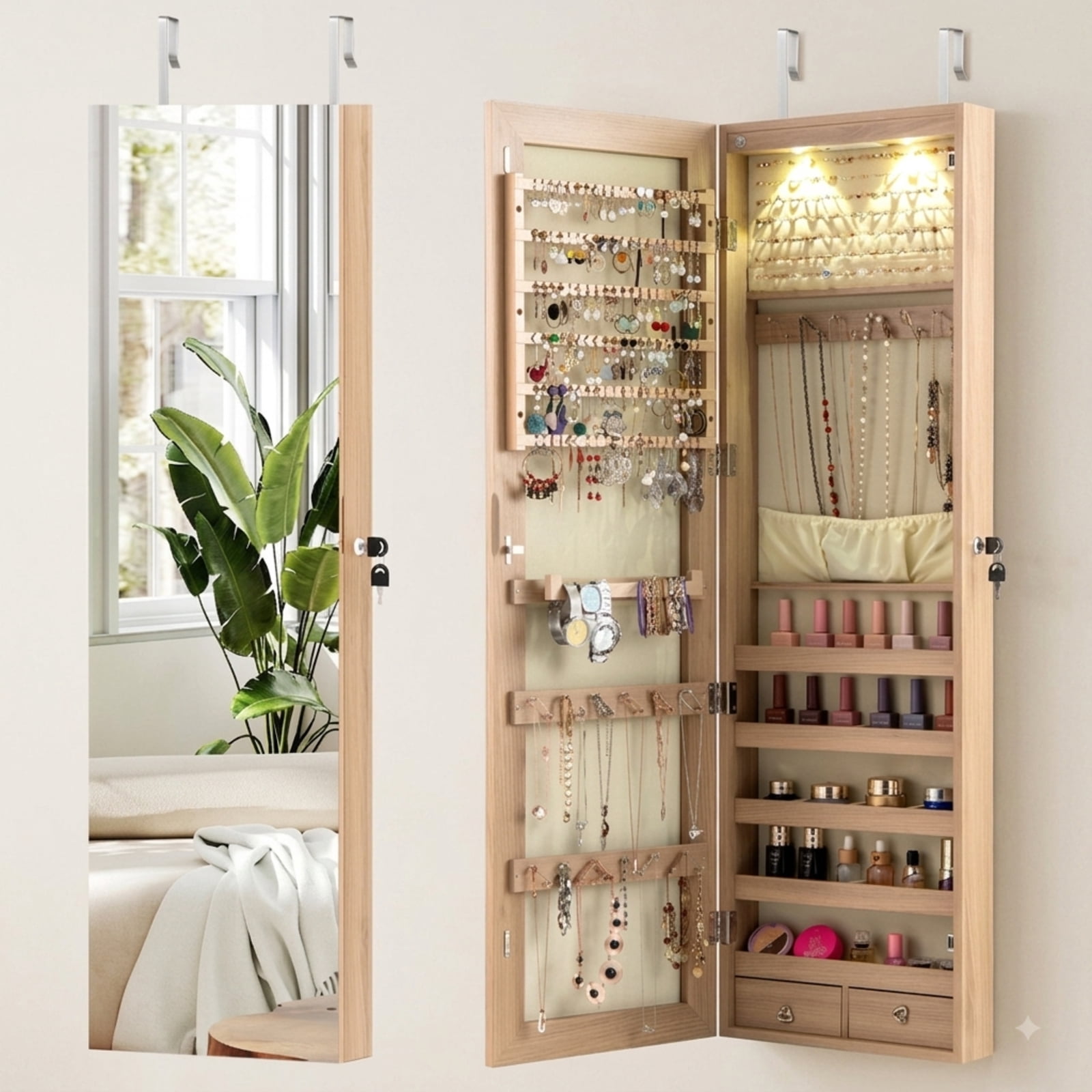 Furnibear Wall and Door Mounted Mirrored Jewelry Cabinet with Lights for Bedroom Dressing Room Jewelry Necklace Rings Storage Mirror, Natural