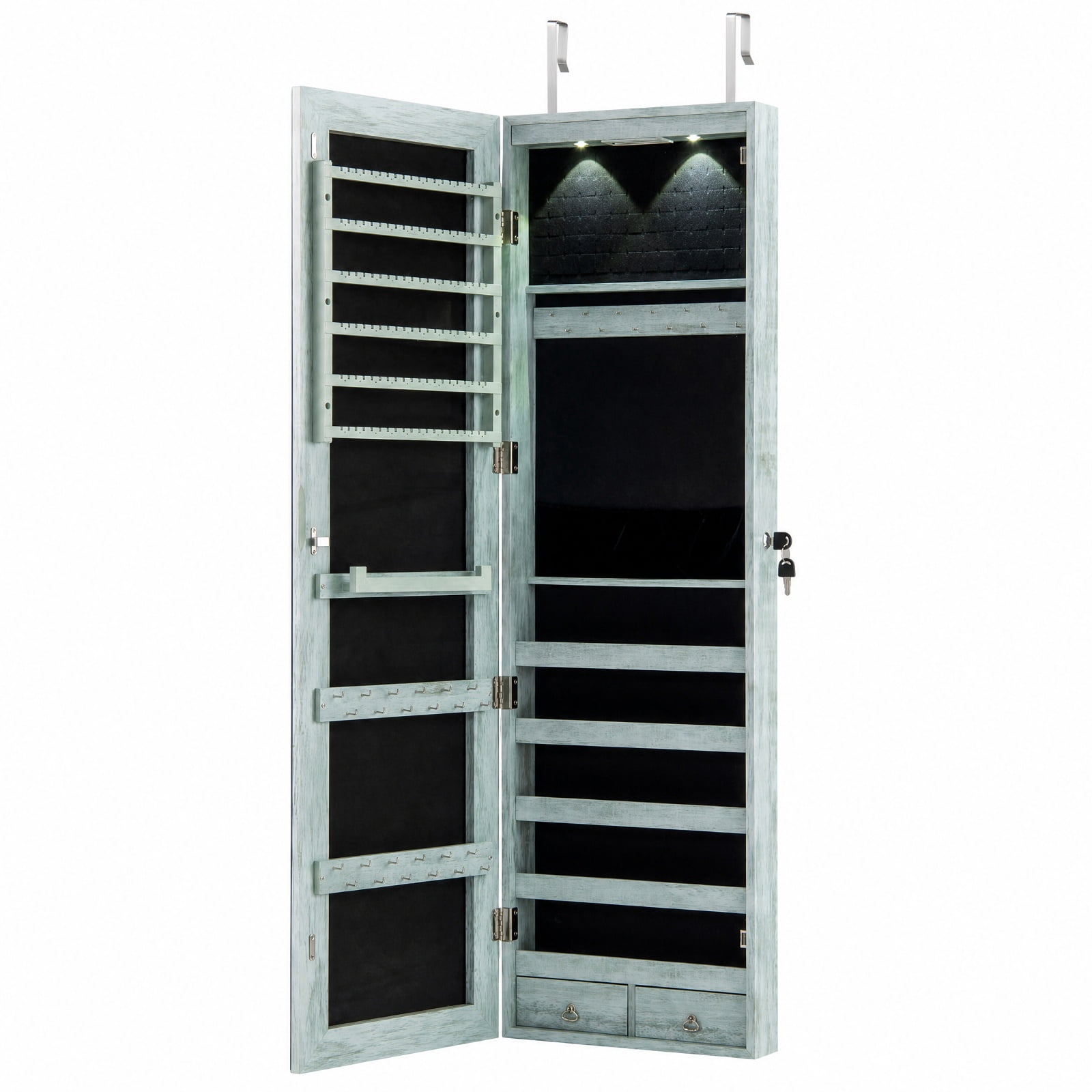 Furnibear Wall and Door Mounted Mirrored Jewelry Cabinet with Lights for Bedroom Dressing Room Jewelry Necklace Rings Storage Mirror, Navy