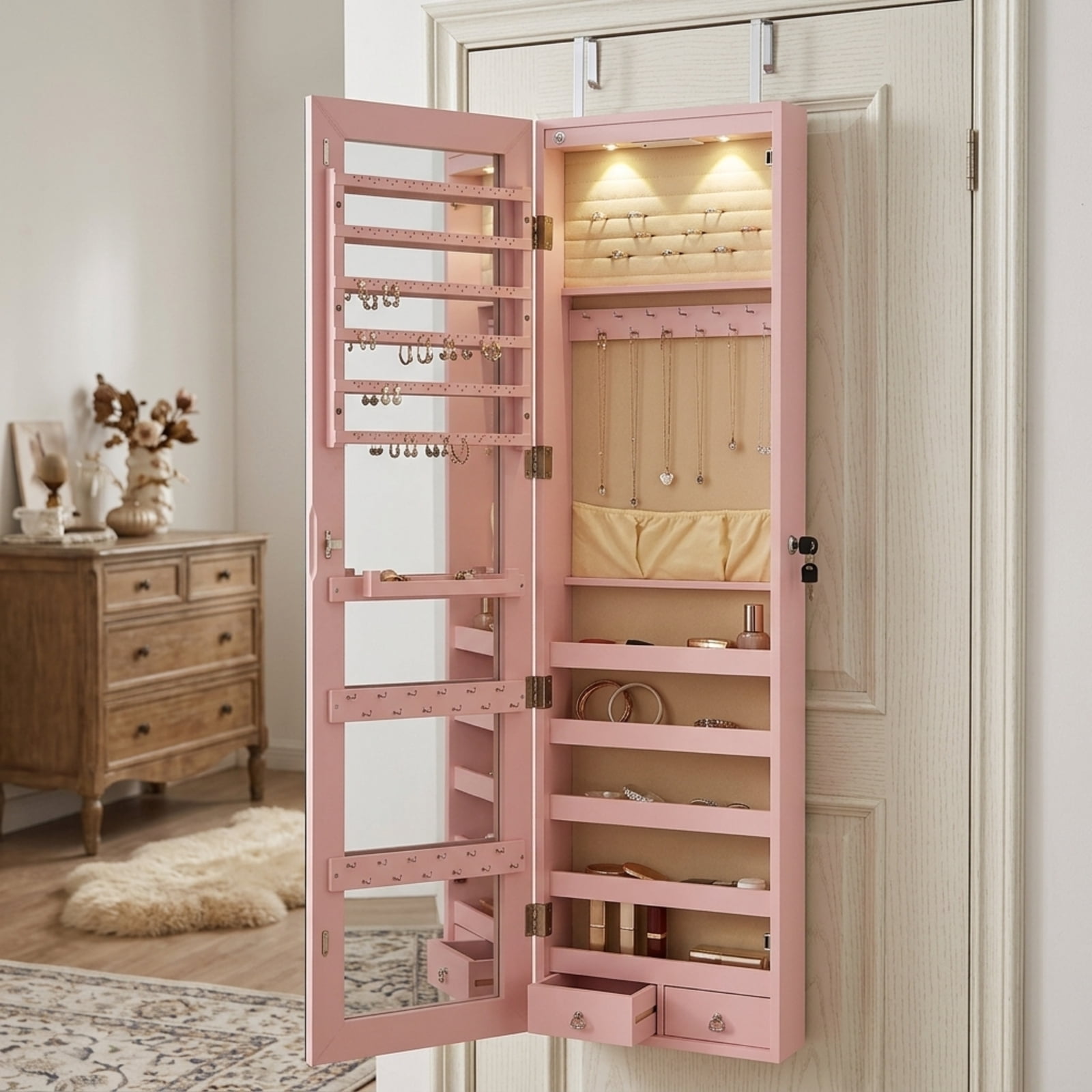 Furnibear Wall and Door Mounted Mirrored Jewelry Cabinet with Lights for Bedroom Dressing Room Jewelry Necklace Rings Storage Mirror, Pink