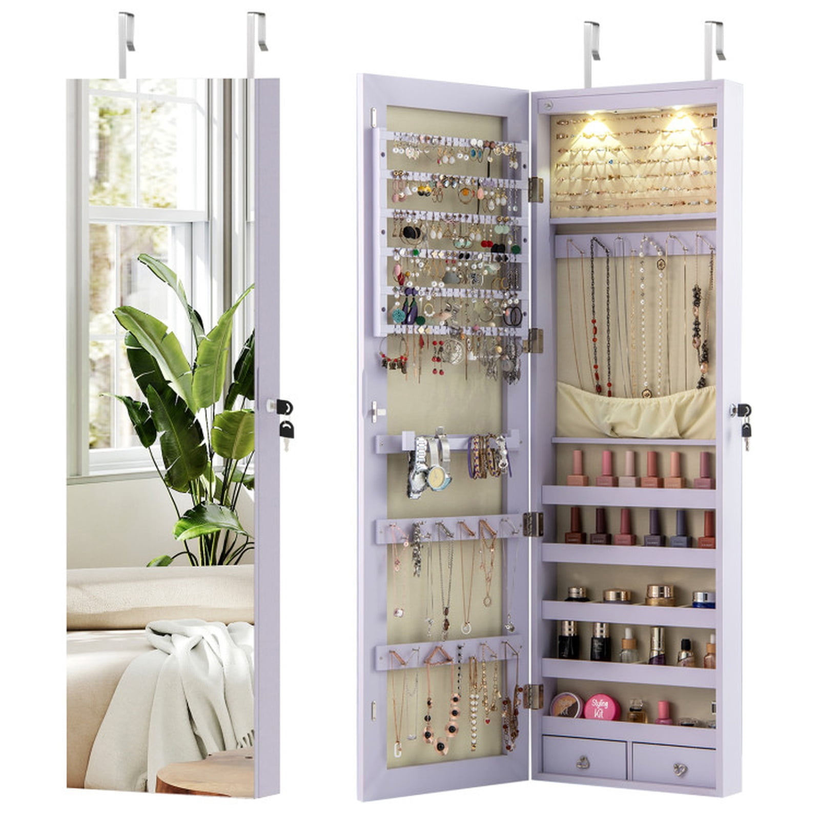 Furnibear Wall and Door Mounted Mirrored Jewelry Cabinet with Lights for Bedroom Dressing Room Jewelry Necklace Rings Storage Mirror, Purple